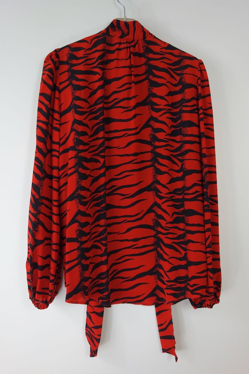 Rixo Moss Pussy-bow Tiger-print Silk-crepe Blouse Size M Red  Black silk