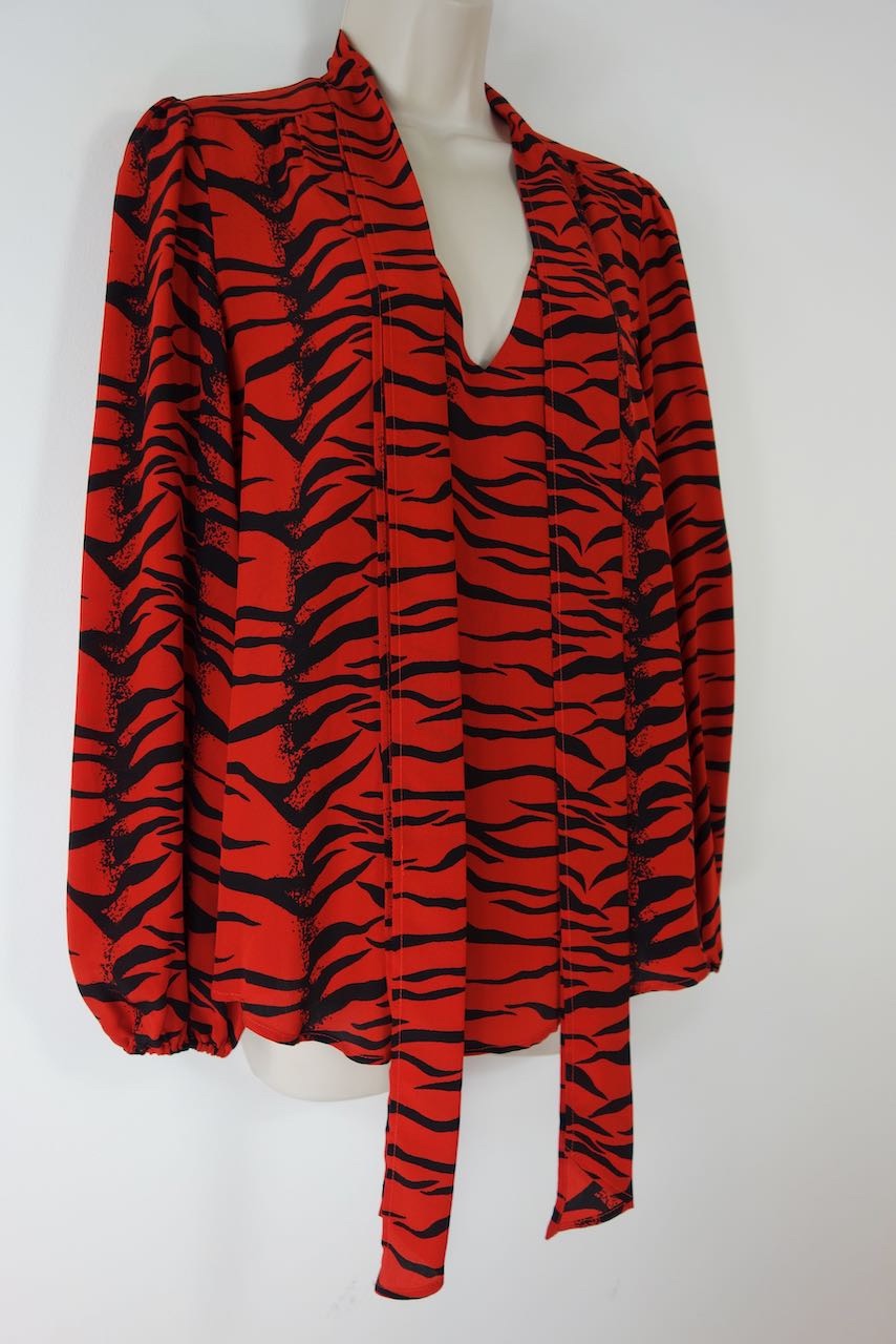 Rixo Moss Pussy-bow Tiger-print Silk-crepe Blouse Size M Red  Black silk