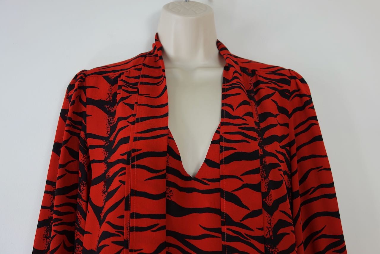 Rixo Moss Pussy-bow Tiger-print Silk-crepe Blouse Size M Red  Black silk