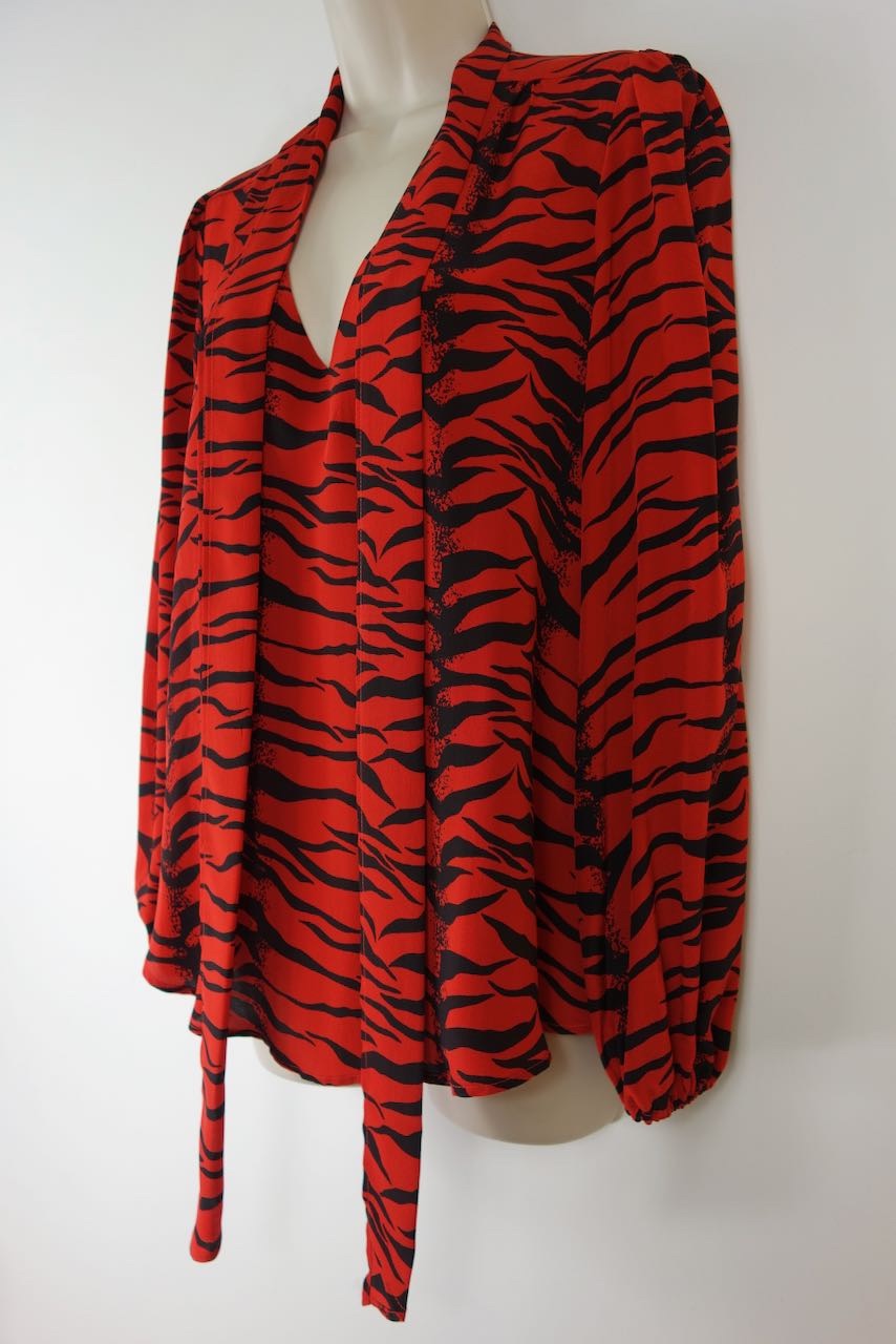 Rixo Moss Pussy-bow Tiger-print Silk-crepe Blouse Size M Red  Black silk