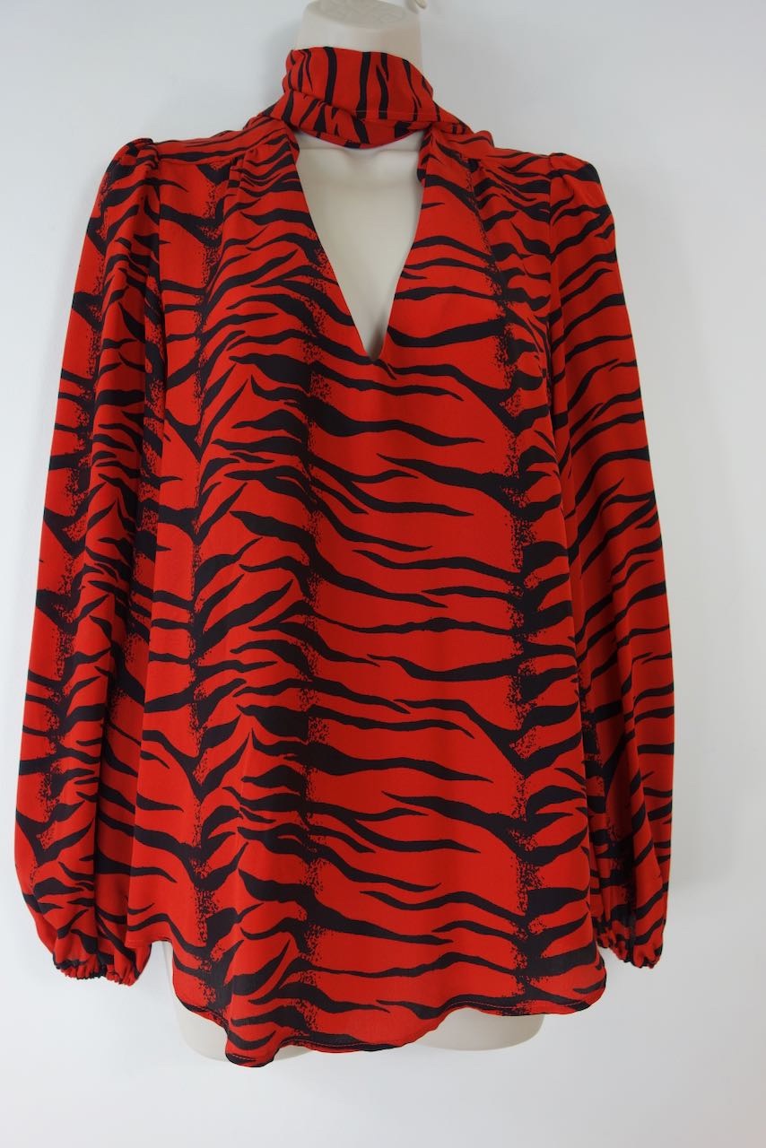 Rixo Moss Pussy-bow Tiger-print Silk-crepe Blouse Size M Red  Black silk