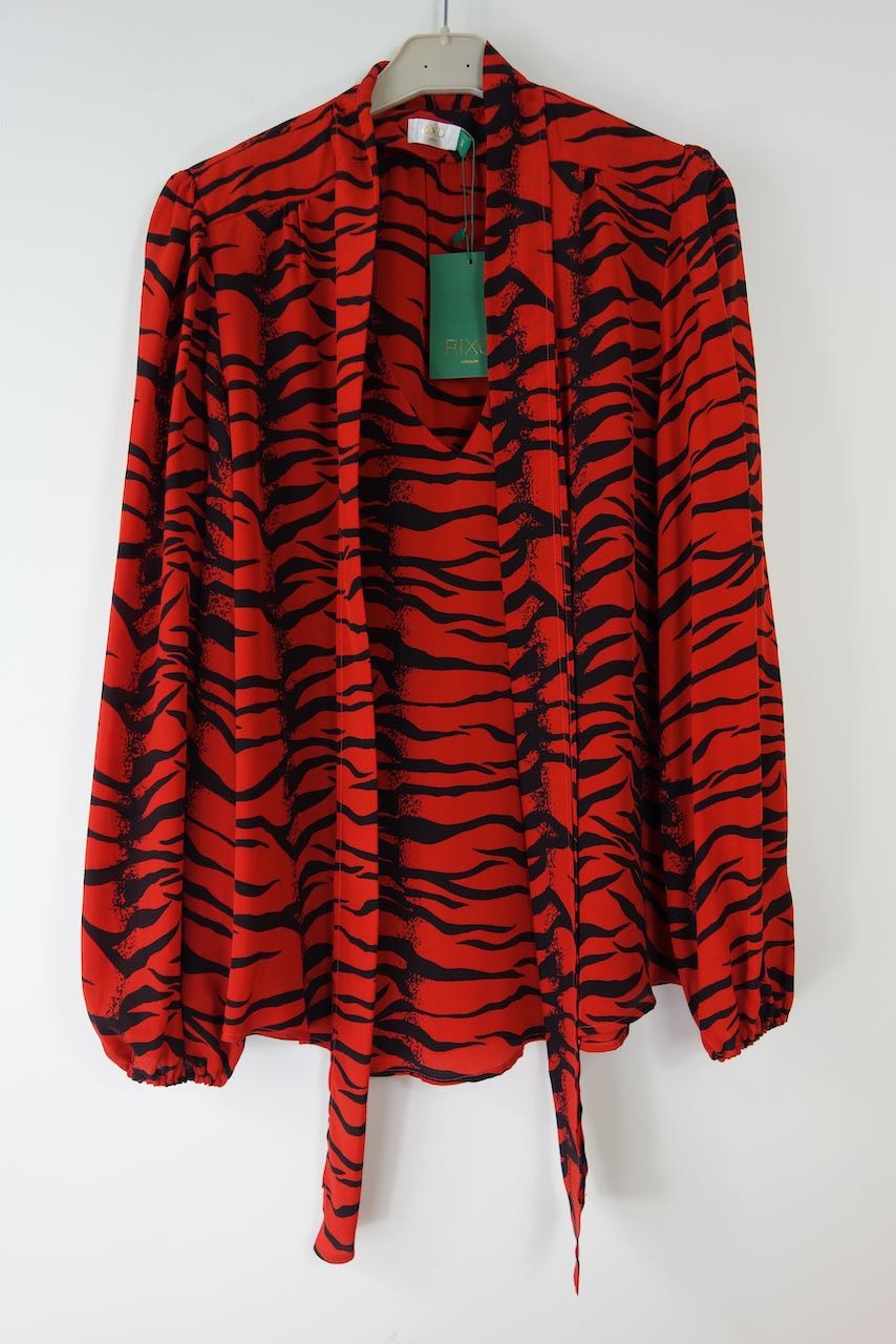 Rixo Moss Pussy-bow Tiger-print Silk-crepe Blouse Size M Red  Black silk