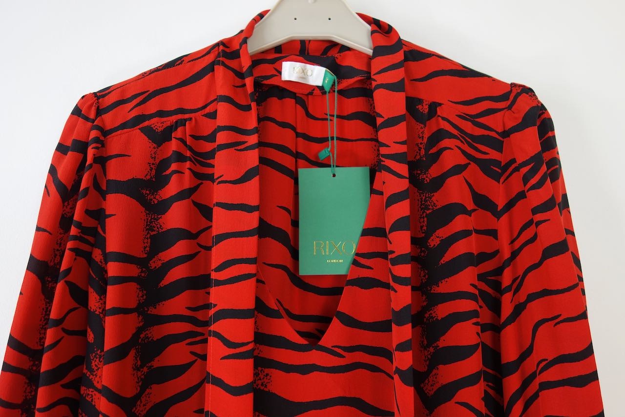 Rixo Moss Pussy-bow Tiger-print Silk-crepe Blouse Size M Red  Black silk