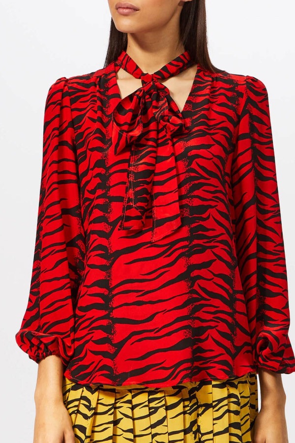 Rixo Moss Pussy-bow Tiger-print Silk-crepe Blouse Size M Red  Black silk