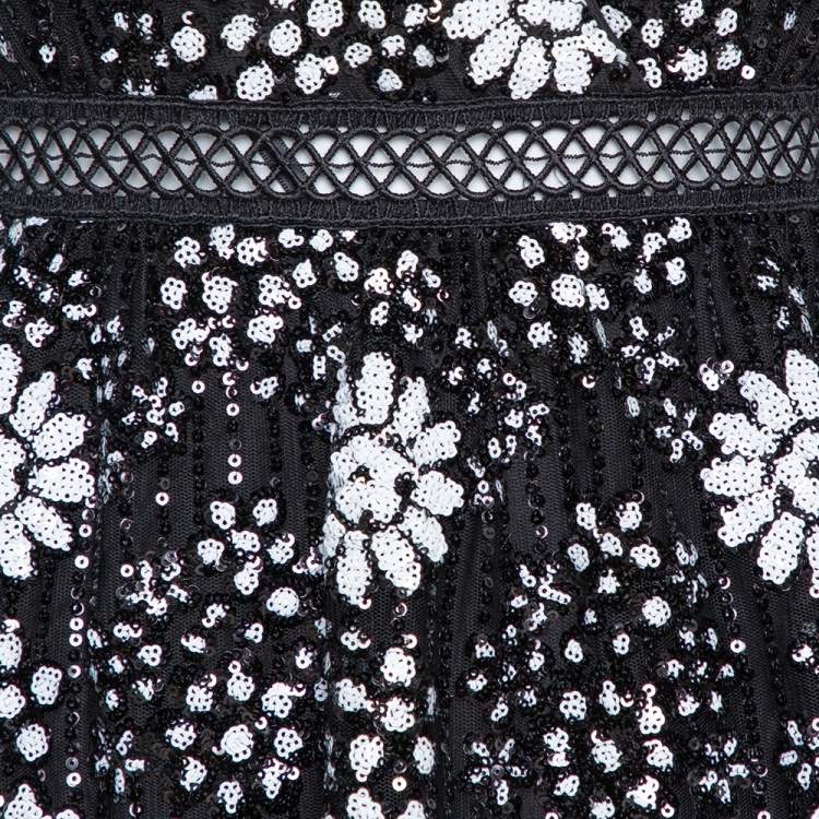 Preowned Self Portrait Starlet Deco Sequin Tiered Midi Dress Size S Black and white polyester