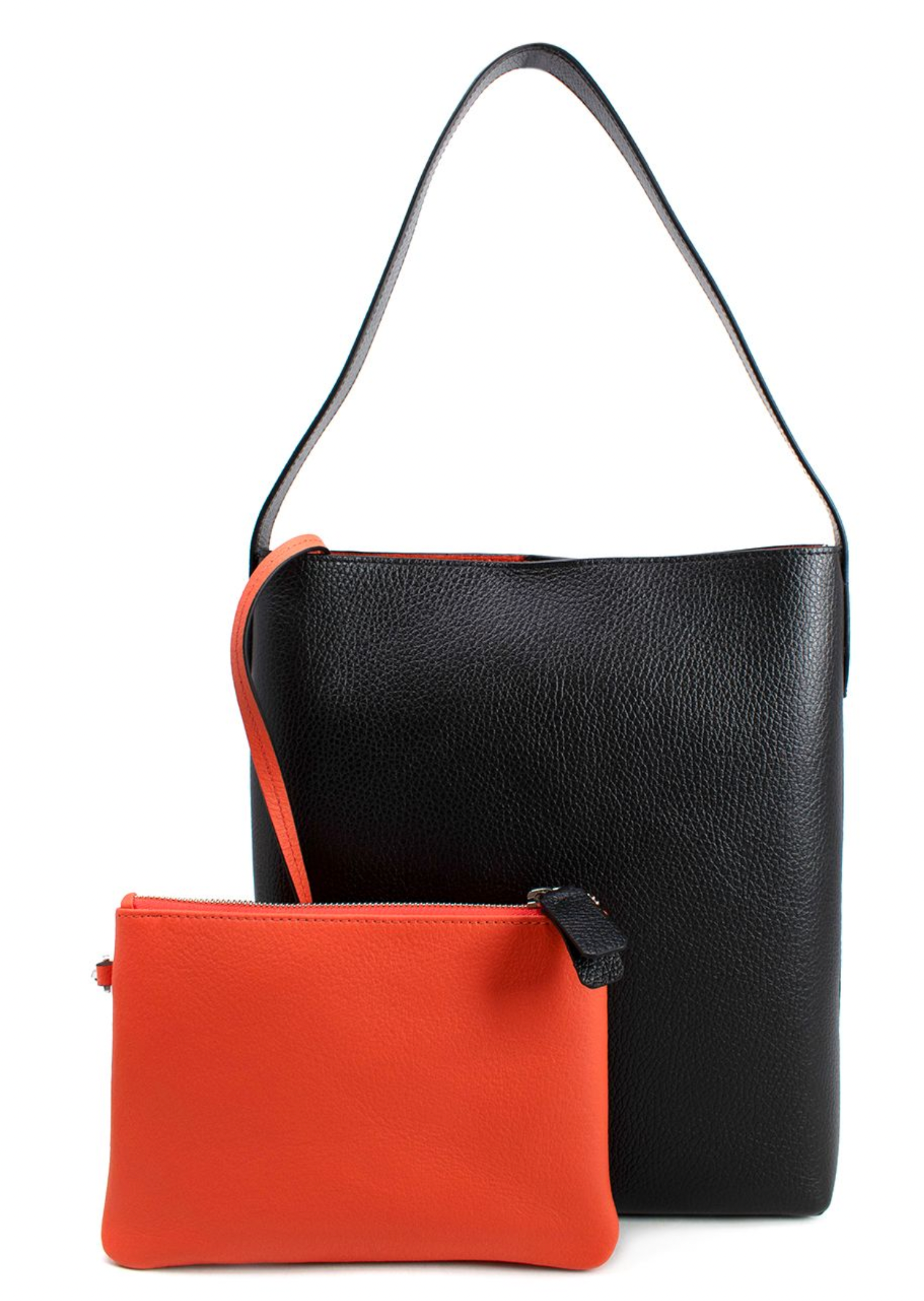 Richard Millie Black Leather Tote Bag with Orange Pouch black orange