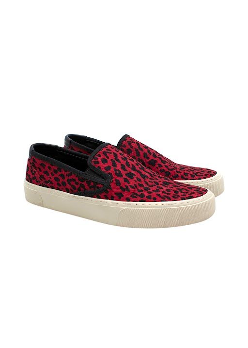 Men's Preowned Saint Laurent Red Leopard Loafers Size 41 canvas