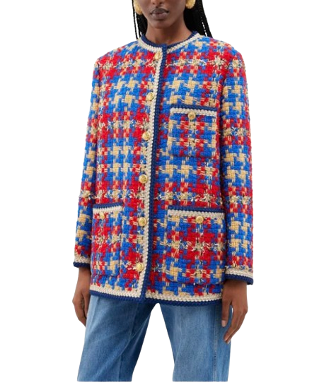 Gucci Red Collarless Tweed Jacket Size S Red and Blue