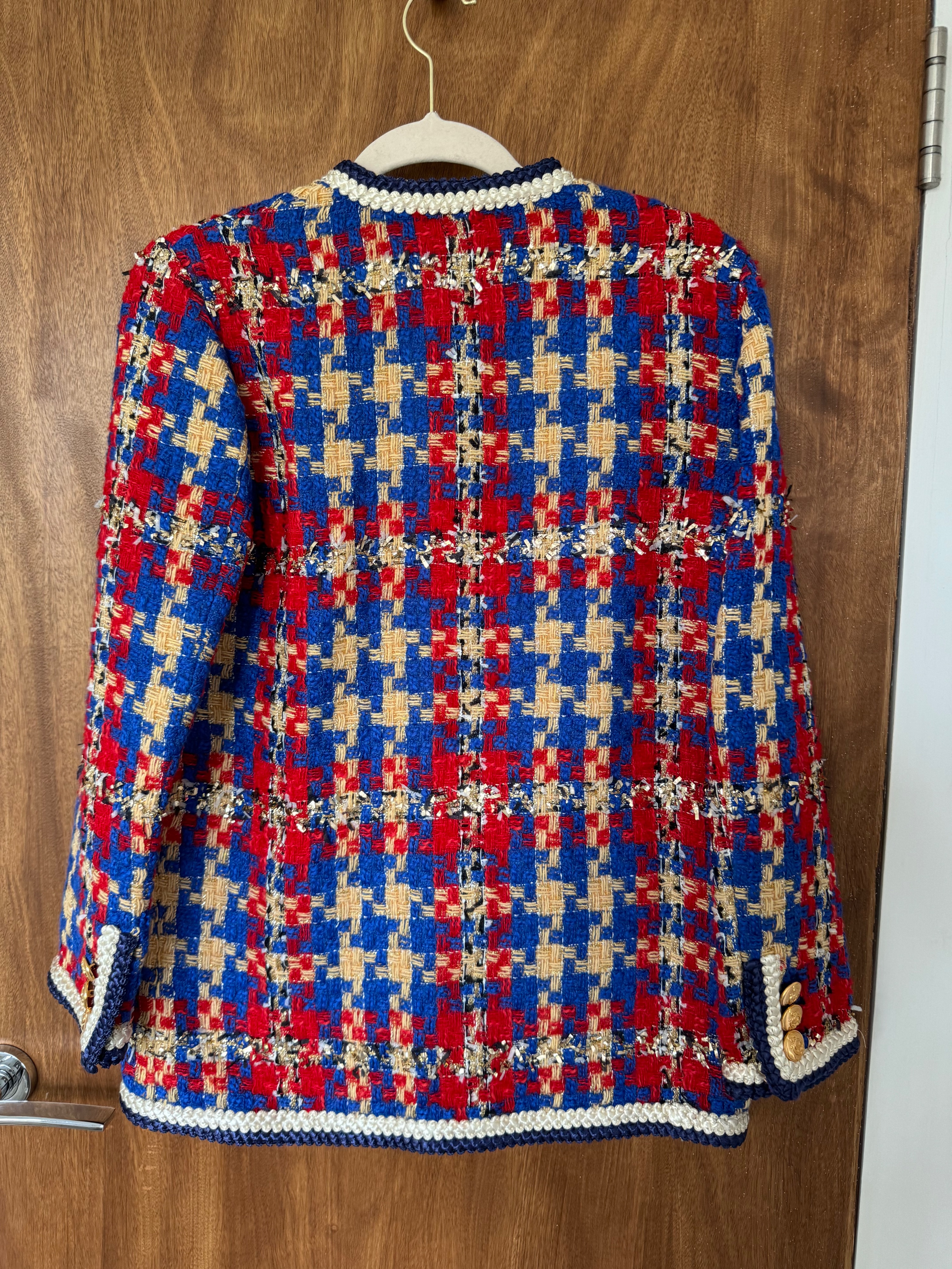 Gucci Red Collarless Tweed Jacket Size S Red and Blue