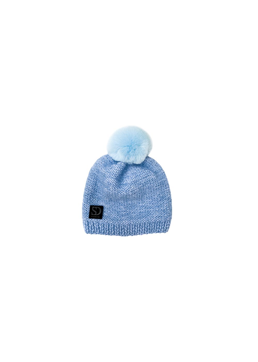 FurbySD Blue Merino Wool Beanie with Chinchilla Pom Pom Baby Blue fur