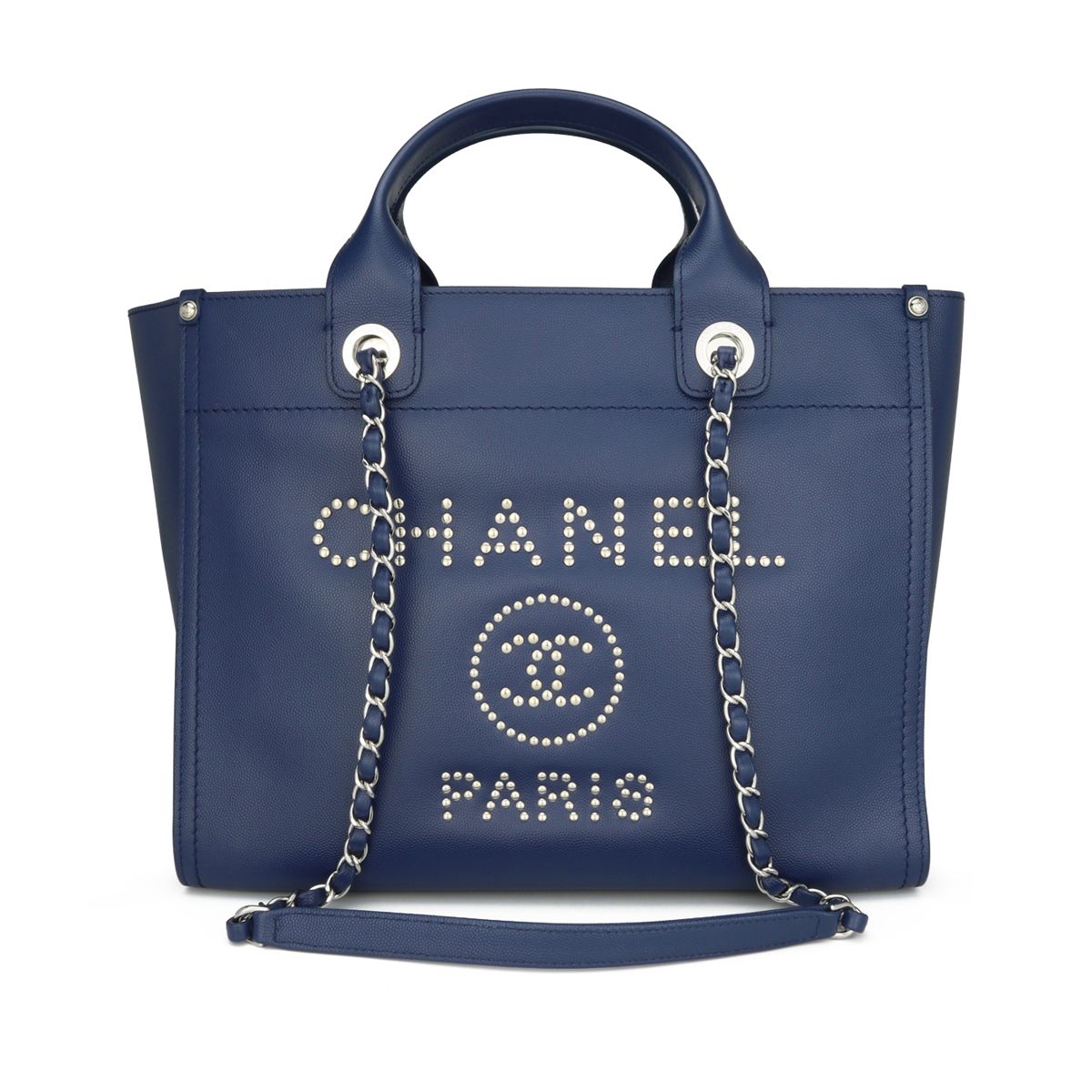 Preowned Chanel Studded Navy Blue Caviar Deauville Tote Small grained calfskin-caviar