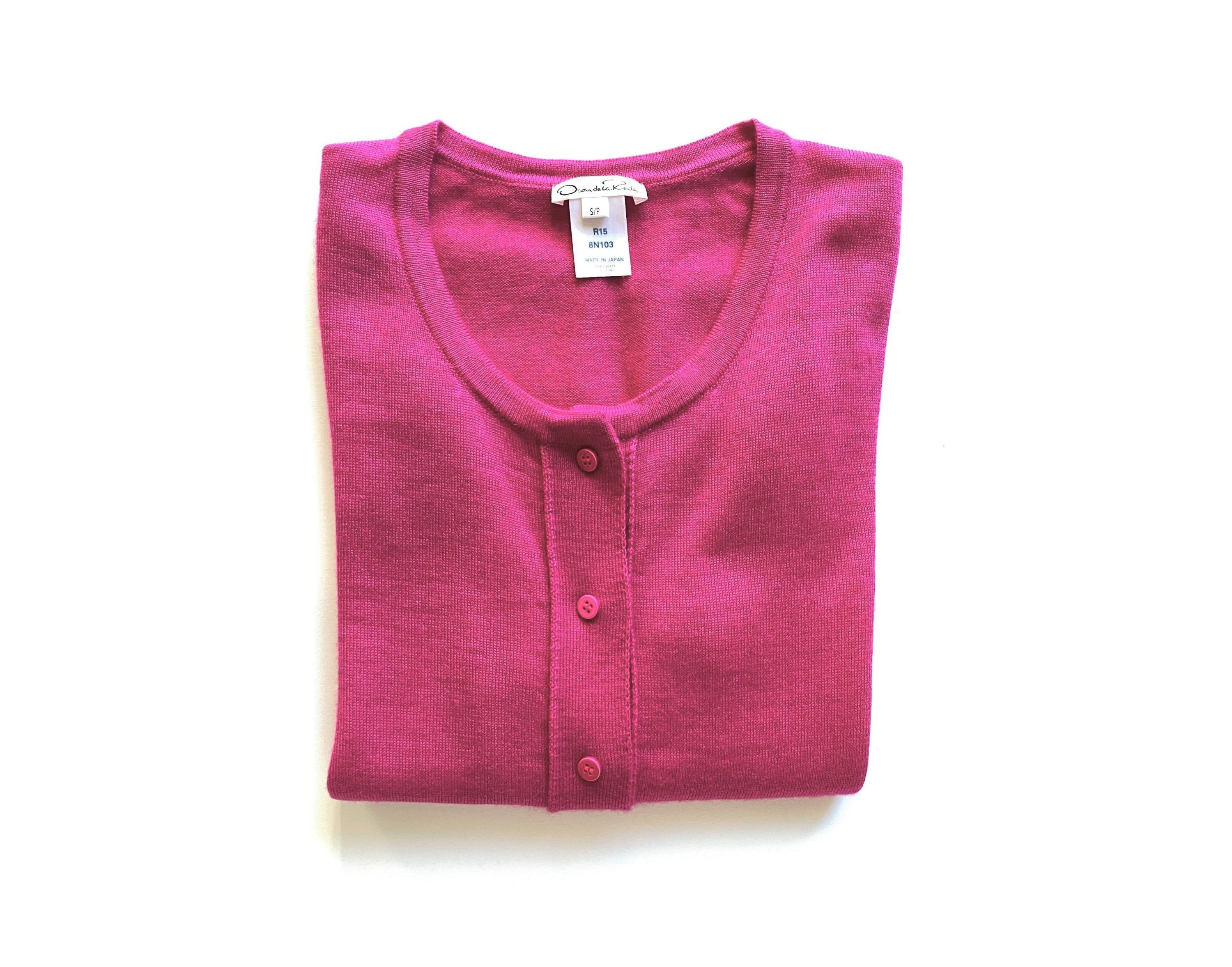 Preowned Oscar de la Renta Pink Silk-Cashmere Cropped Fine Knit Cardigan Size S Fuchsia cashmere