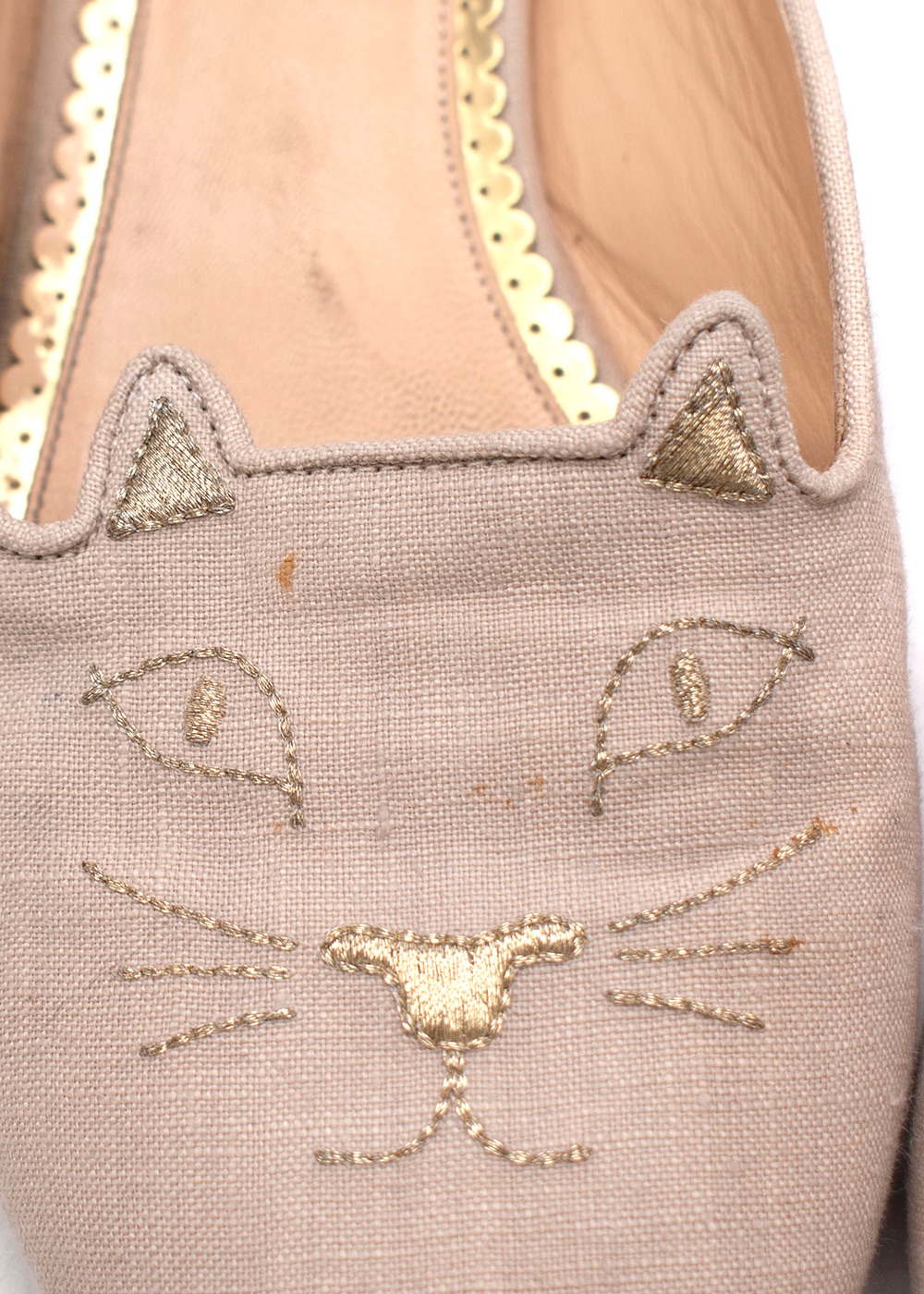 Preowned Charlotte Olympia Beige Canvas Kitty Flat Mules Size 41 cotton