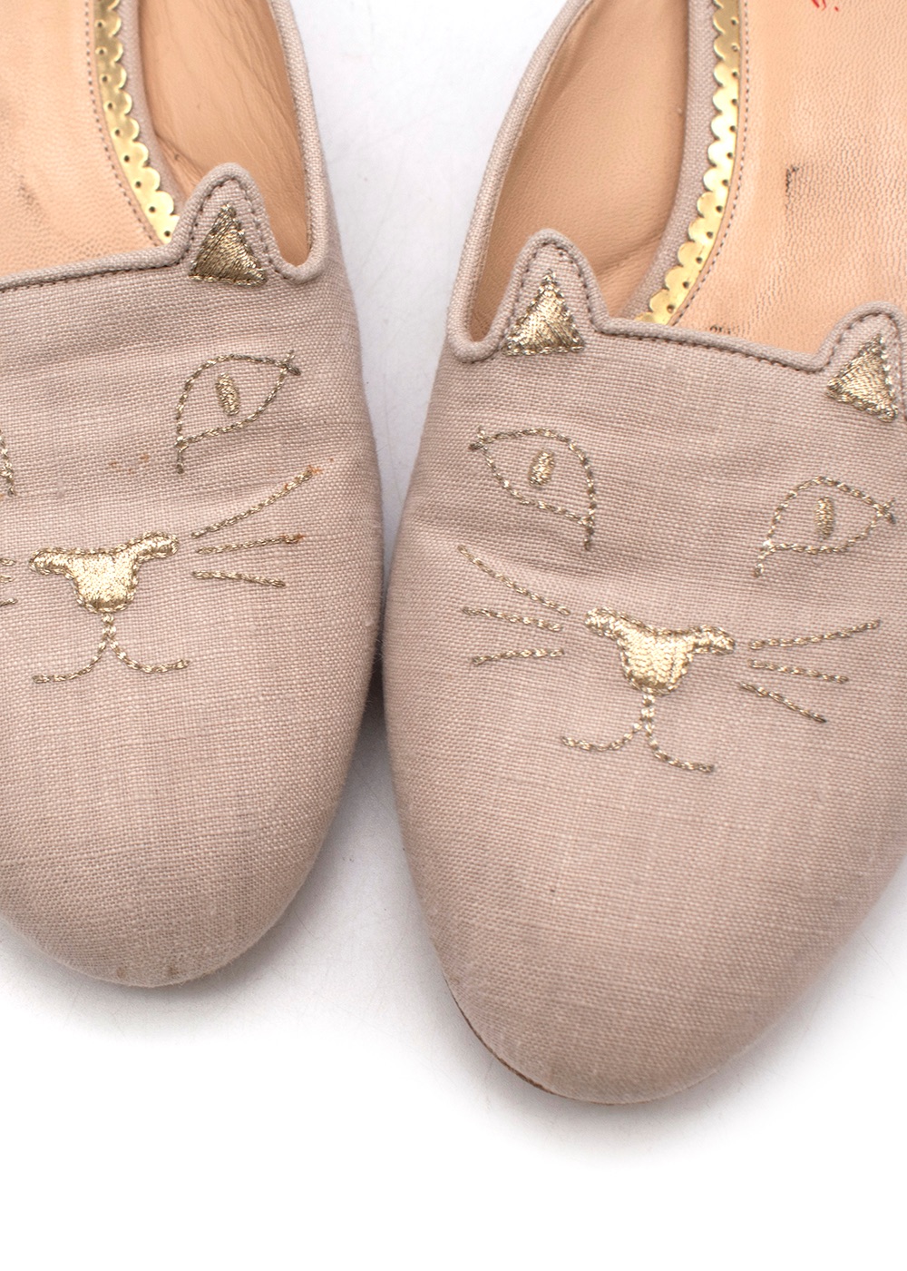 Preowned Charlotte Olympia Beige Canvas Kitty Flat Mules Size 41 cotton