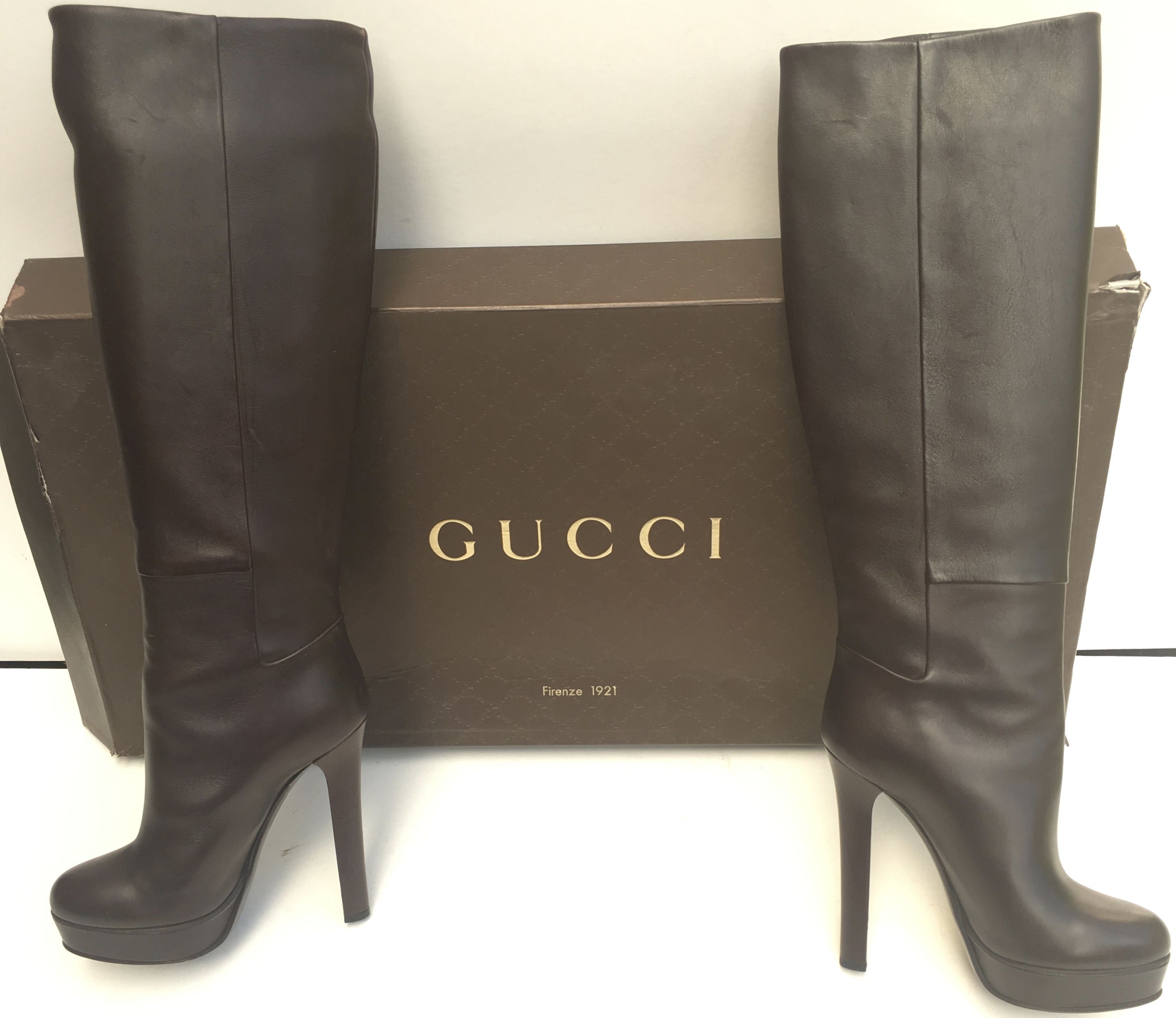 Preowned Gucci heeled long boots Size 355 Tan/Brown leather