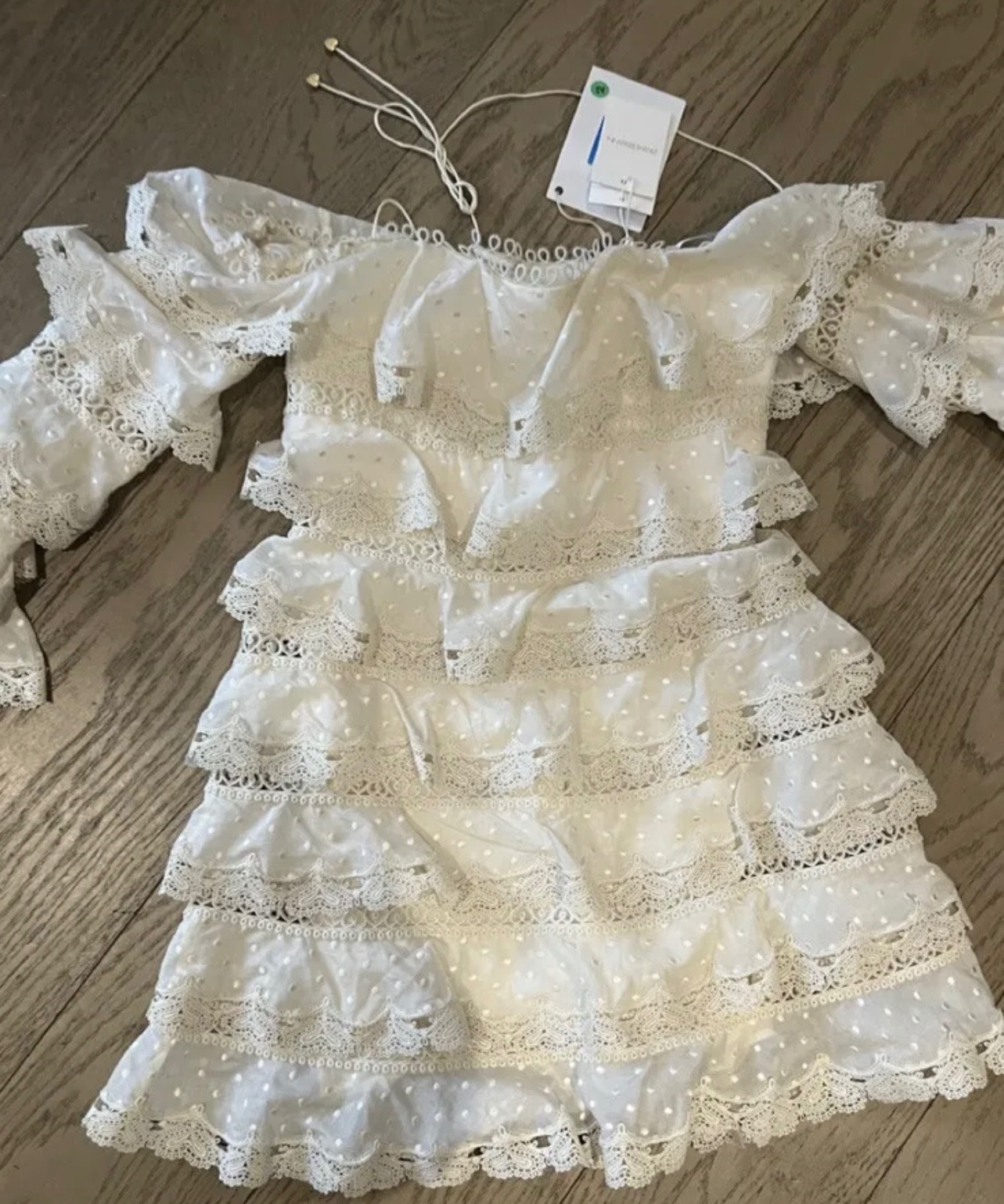 Zimmermann Embroidered Lace Tiered Mini Dress Size M Beige/ecru