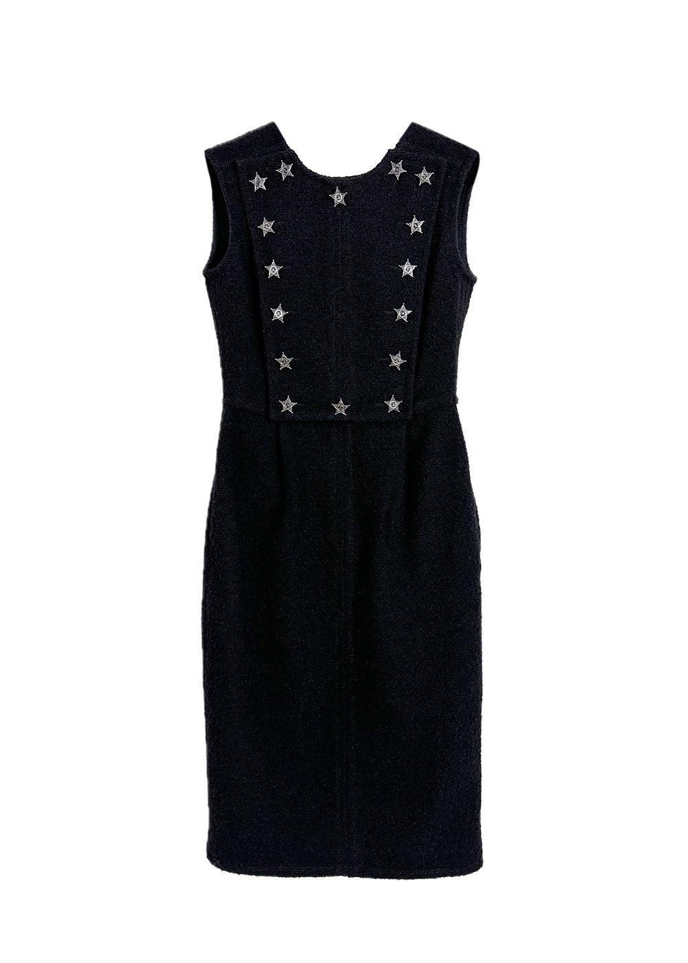 Chanel Black Tweed Star Embellished Midi Dress Size S