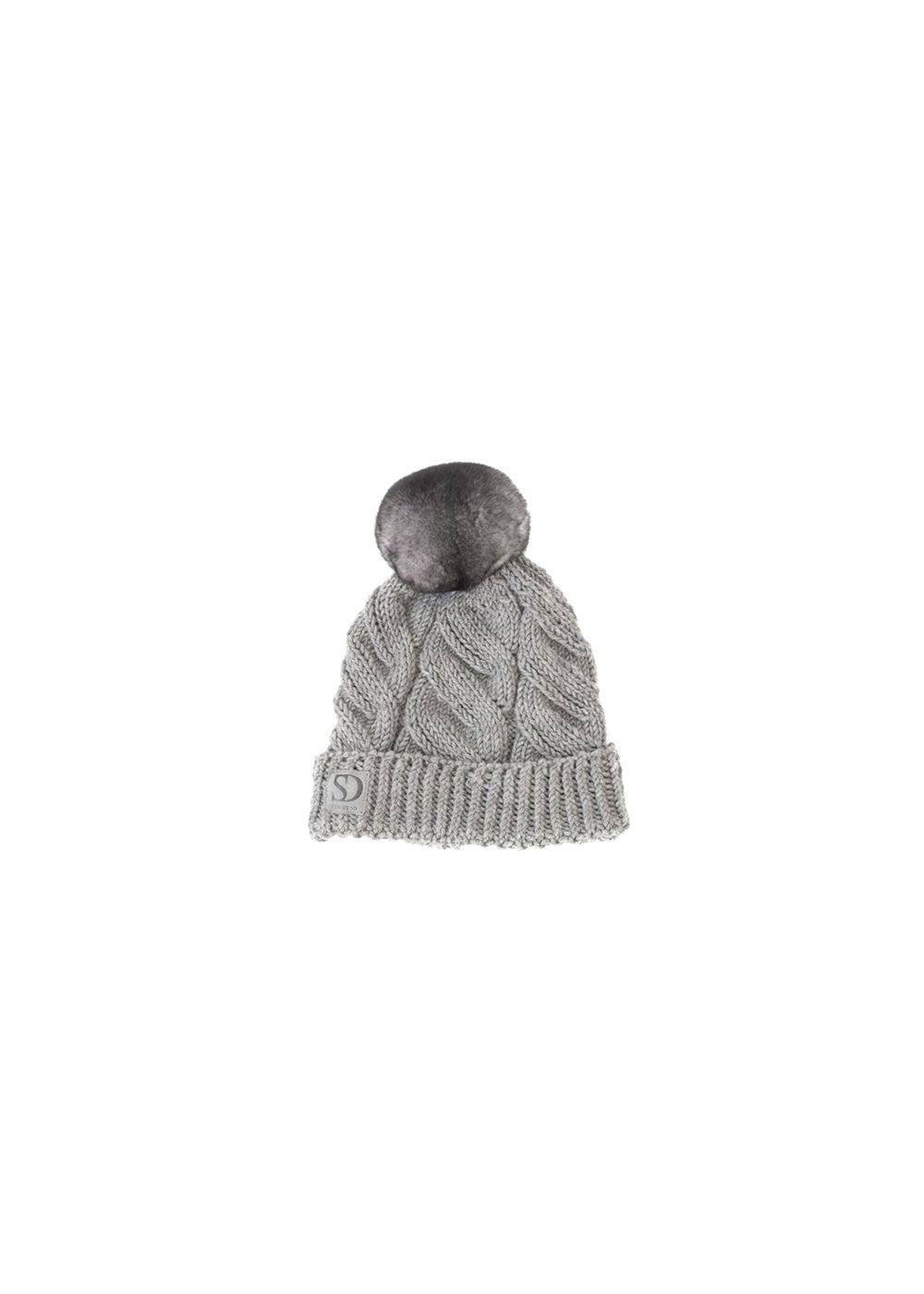 FurbySD Grey Knit Hat with Chinchilla Pom Pom fur