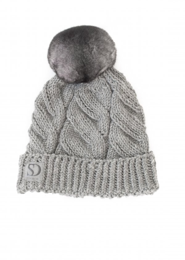 FurbySD Grey Knit Hat with Chinchilla Pom Pom fur