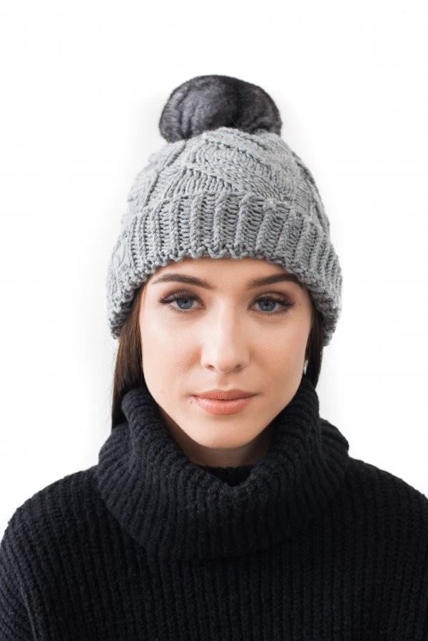 FurbySD Grey Knit Hat with Chinchilla Pom Pom fur