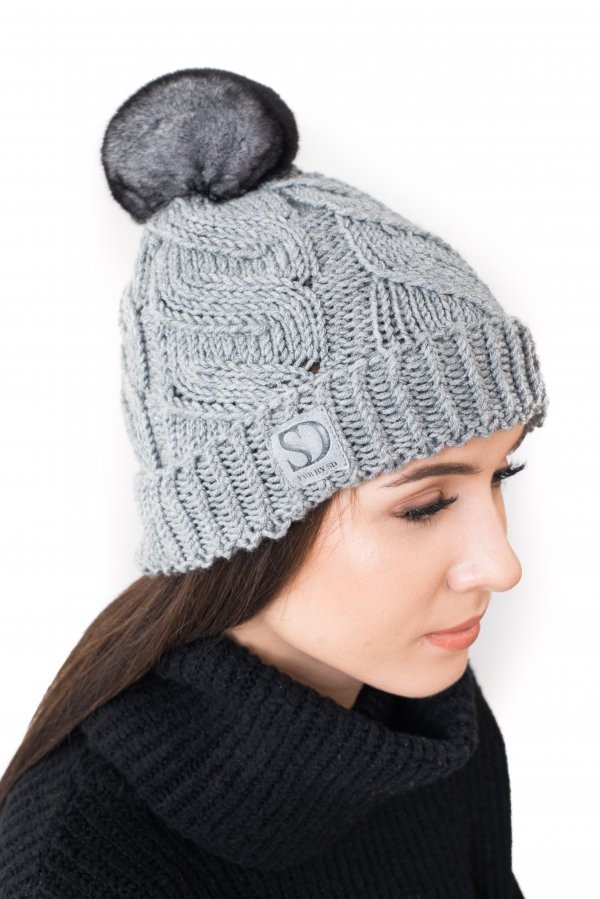 FurbySD Grey Knit Hat with Chinchilla Pom Pom fur