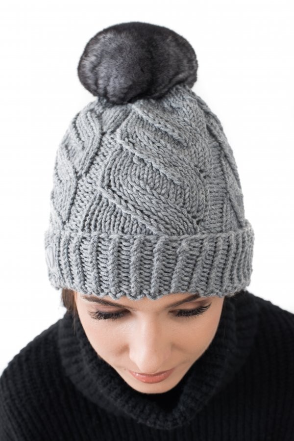 FurbySD Grey Knit Hat with Chinchilla Pom Pom fur