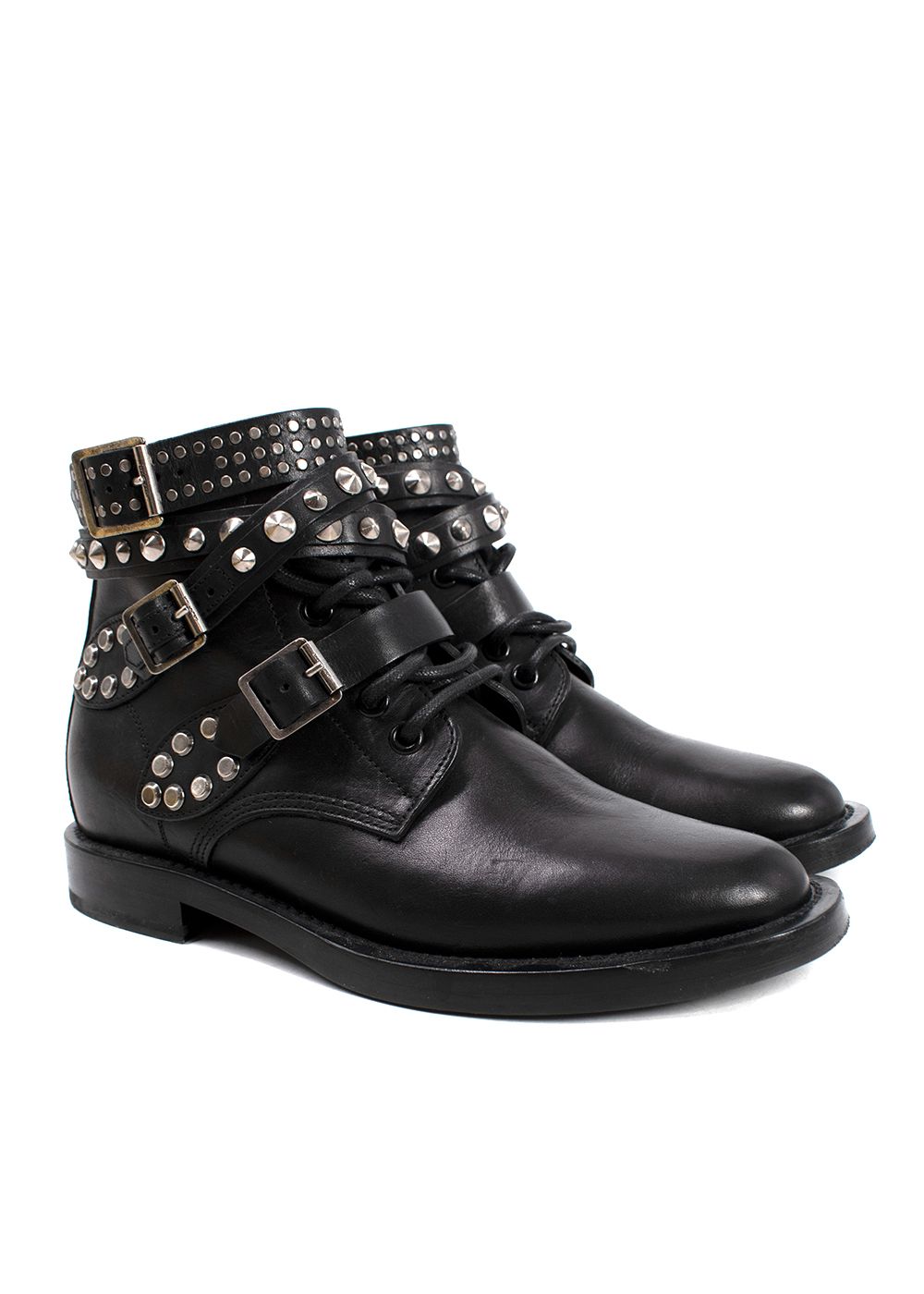 Preowned Saint Laurent Black Leather Studded Ankle Boots Size 35