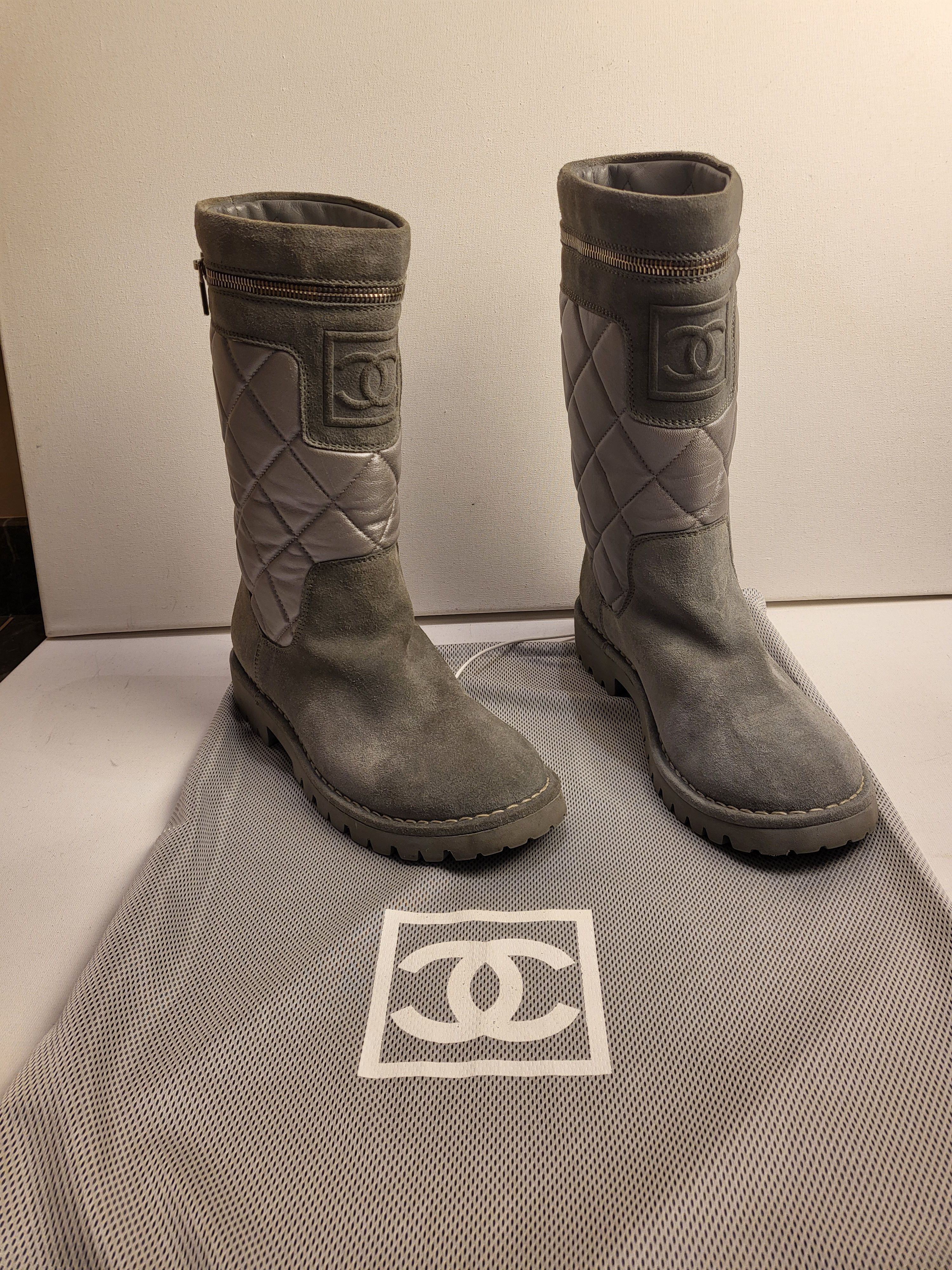 Preowned Chanel Grey Coco Cocoon Engineer Boots Size 365 Gray leather/suede