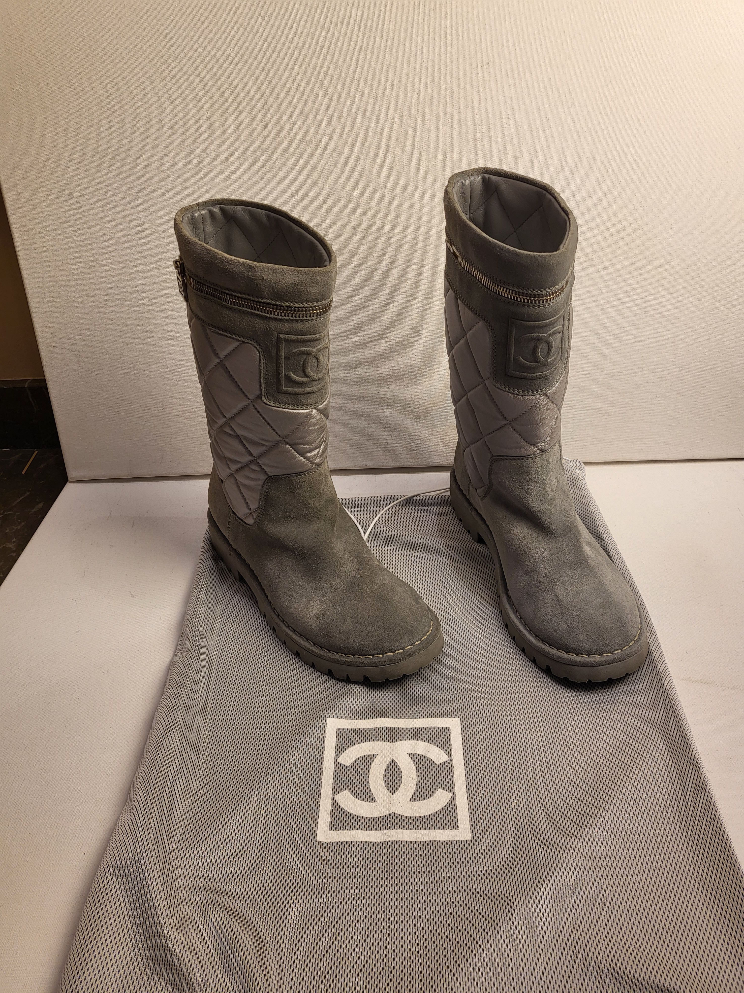 Preowned Chanel Grey Coco Cocoon Engineer Boots Size 365 Gray leather/suede