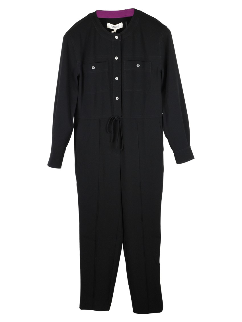 DVF Sybil Drawstring Waist Black Jumpsuit Size XS polyester