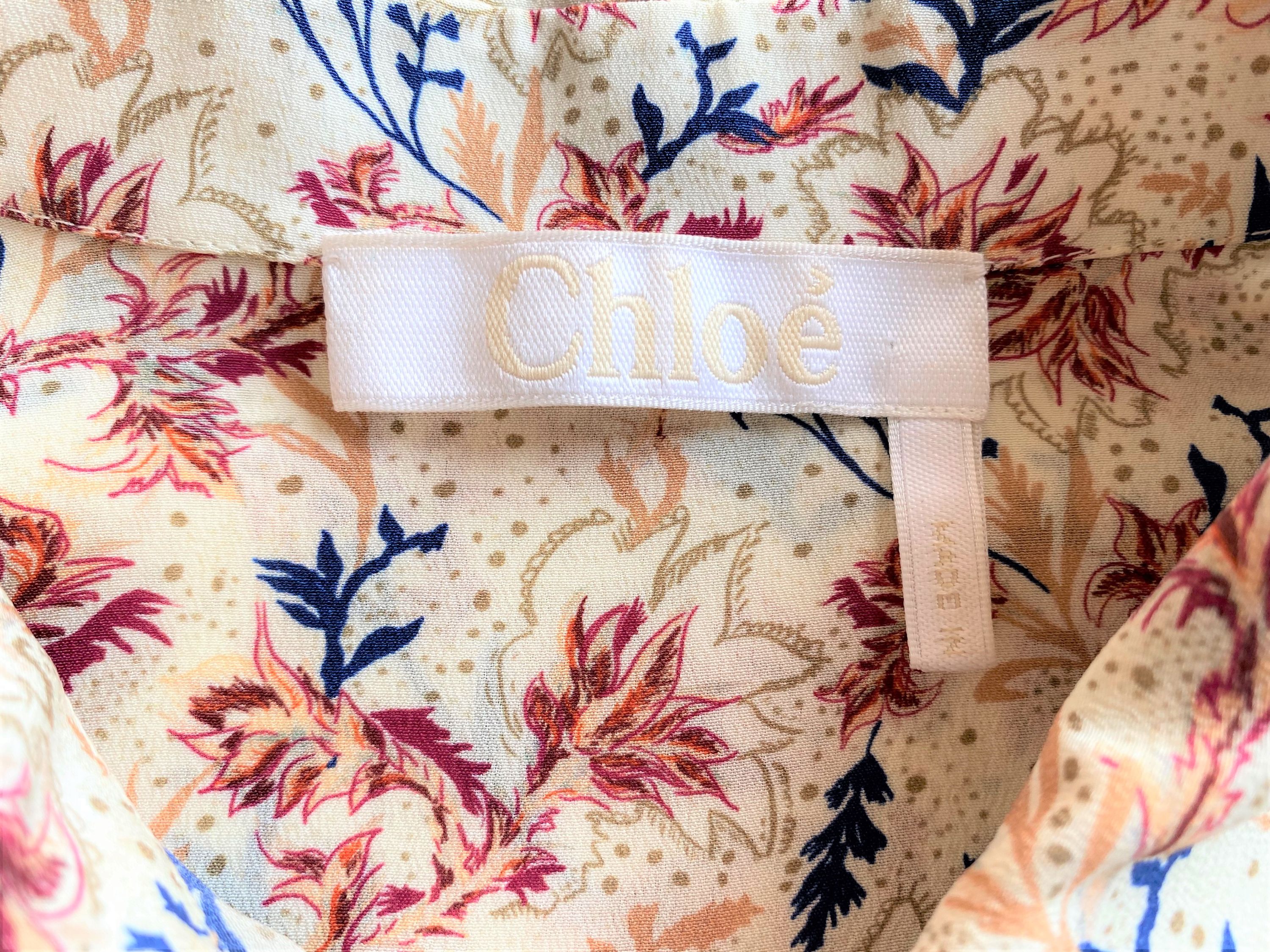 Preowned Chloe Cream floral print silk crepe blouse Size XS Cream + pink + blue