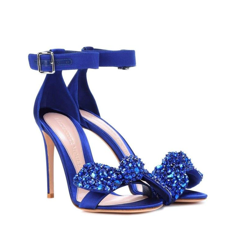 Preowned Alexander McQueen Blue Bow Embroidered Crystal Sandals Size 40 satin