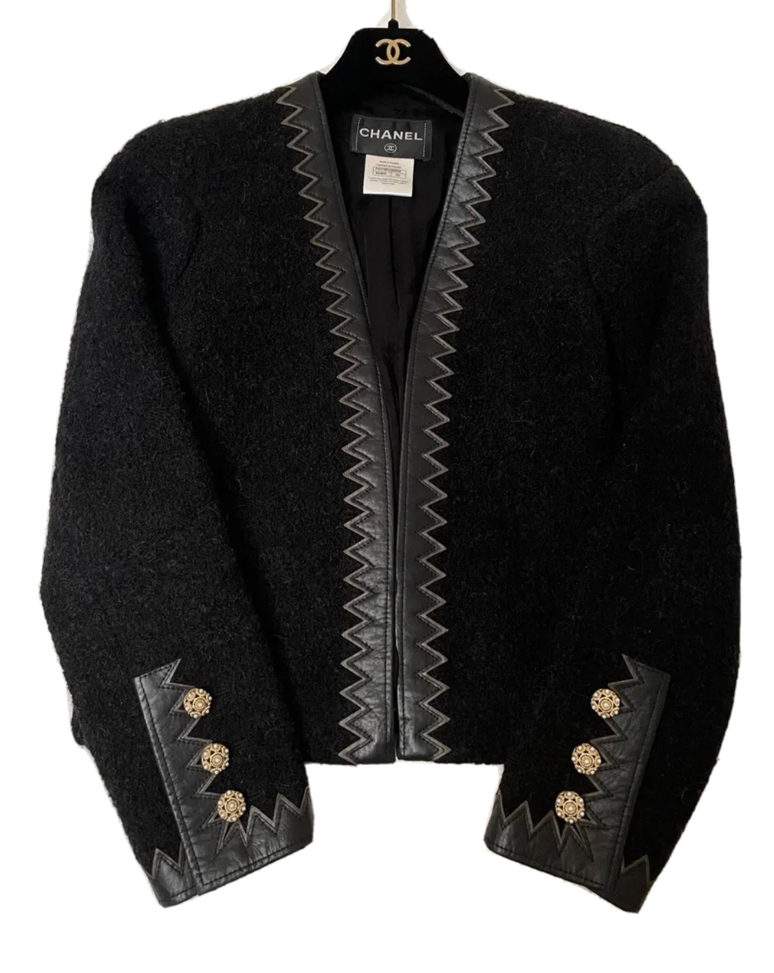 Preowned Chanel Paris/Salzburg Black Leather Trimmed Mohair Tweed Jacket Size M see photo