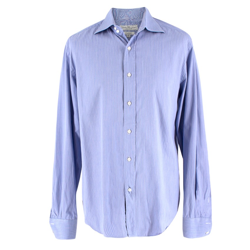 Men's Preowned Salvatore Ferragamo Blue Pinstripe Shirt Size 165 cotton