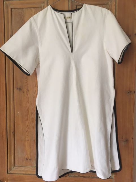 Preowned Celine White cotton leather trimmed tunic top Size 36