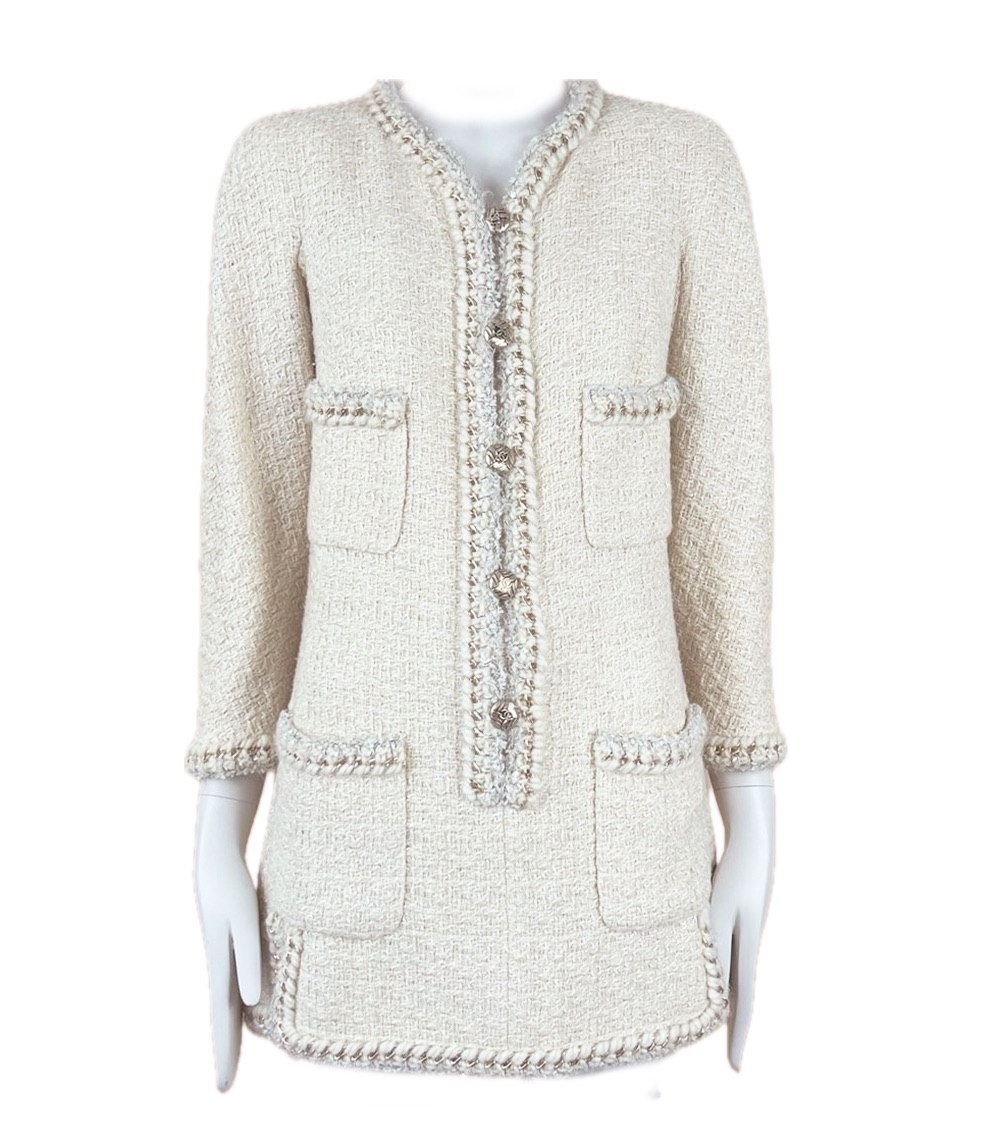 Preowned Chanel Cream Tweed Tunic with CC Button Detail Size S ecru