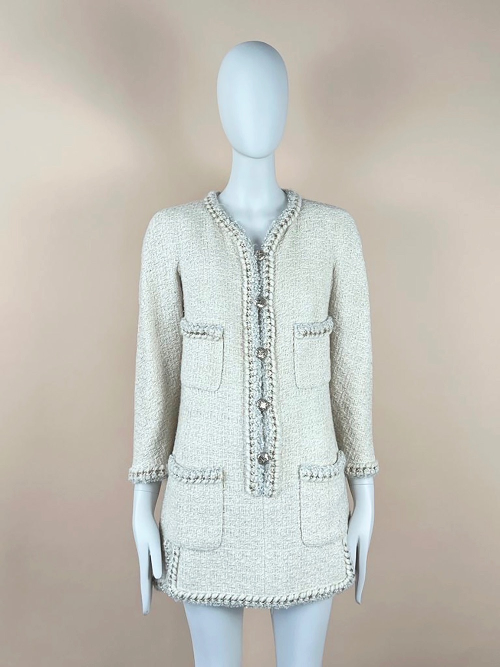 Preowned Chanel Cream Tweed Tunic with CC Button Detail Size S ecru