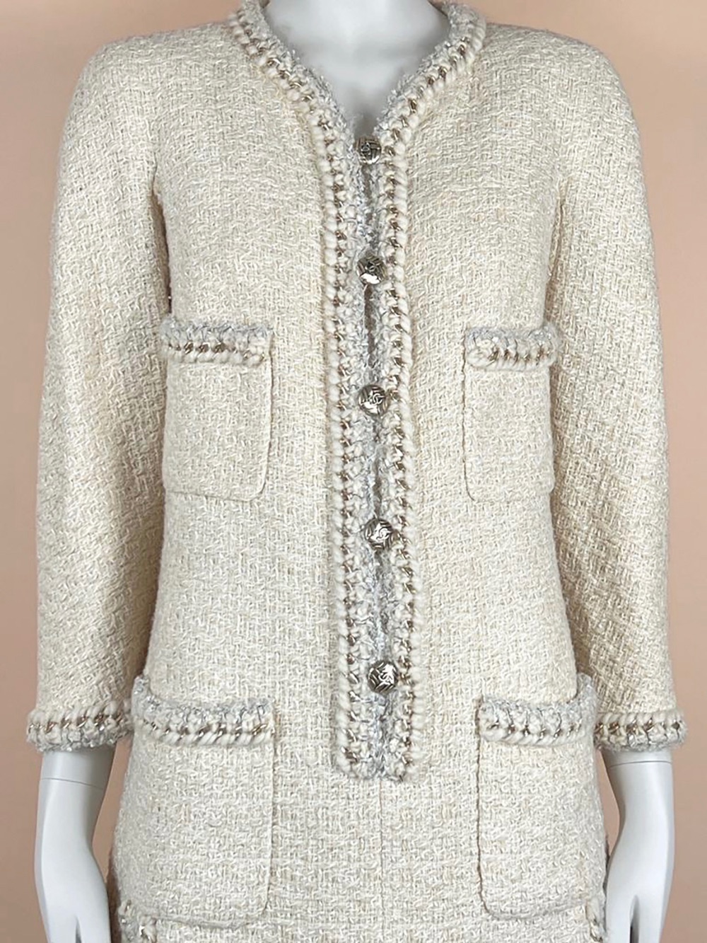 Preowned Chanel Cream Tweed Tunic with CC Button Detail Size S ecru