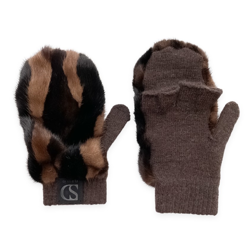 FurbySD brown patchwork mink  cashmere mittens Tan/Brown