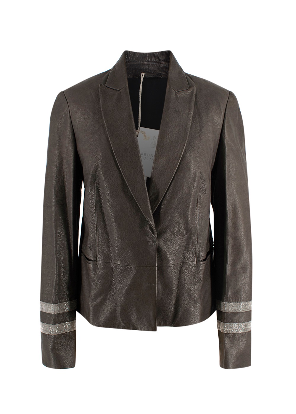 Brunello Cucinelli Brown Single Breasted Leather Blazer with Crystal Cuff Detail Size XS