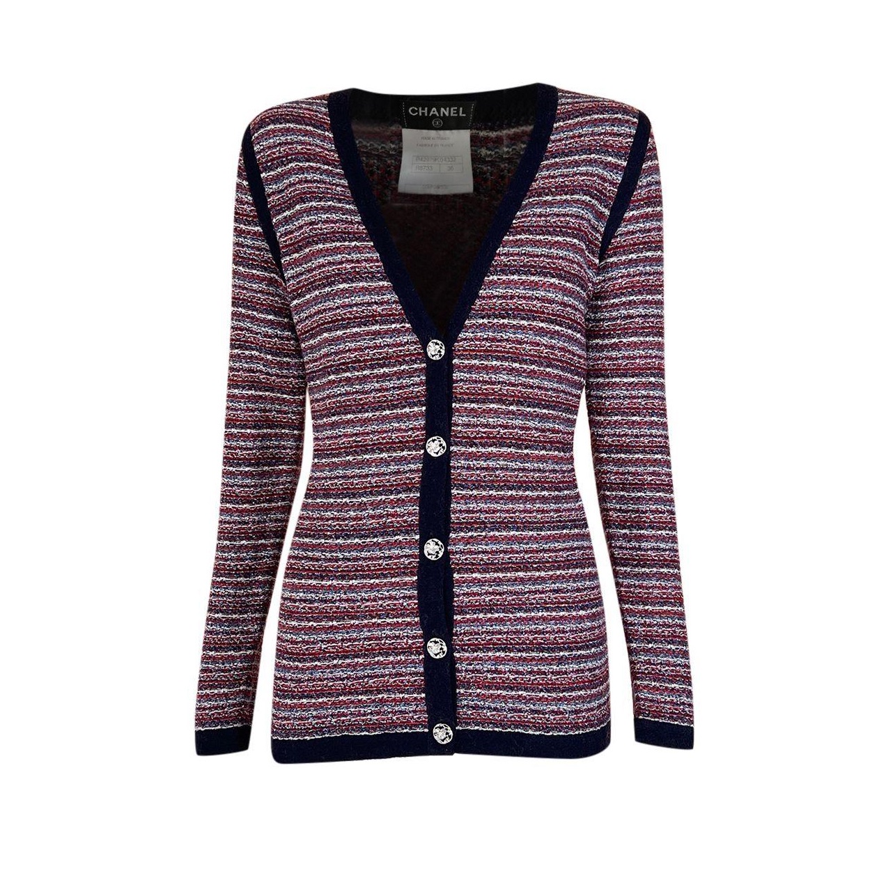 Chanel Multicoloured Woven Tweed Cardigan Size S crimson, navy knitwear