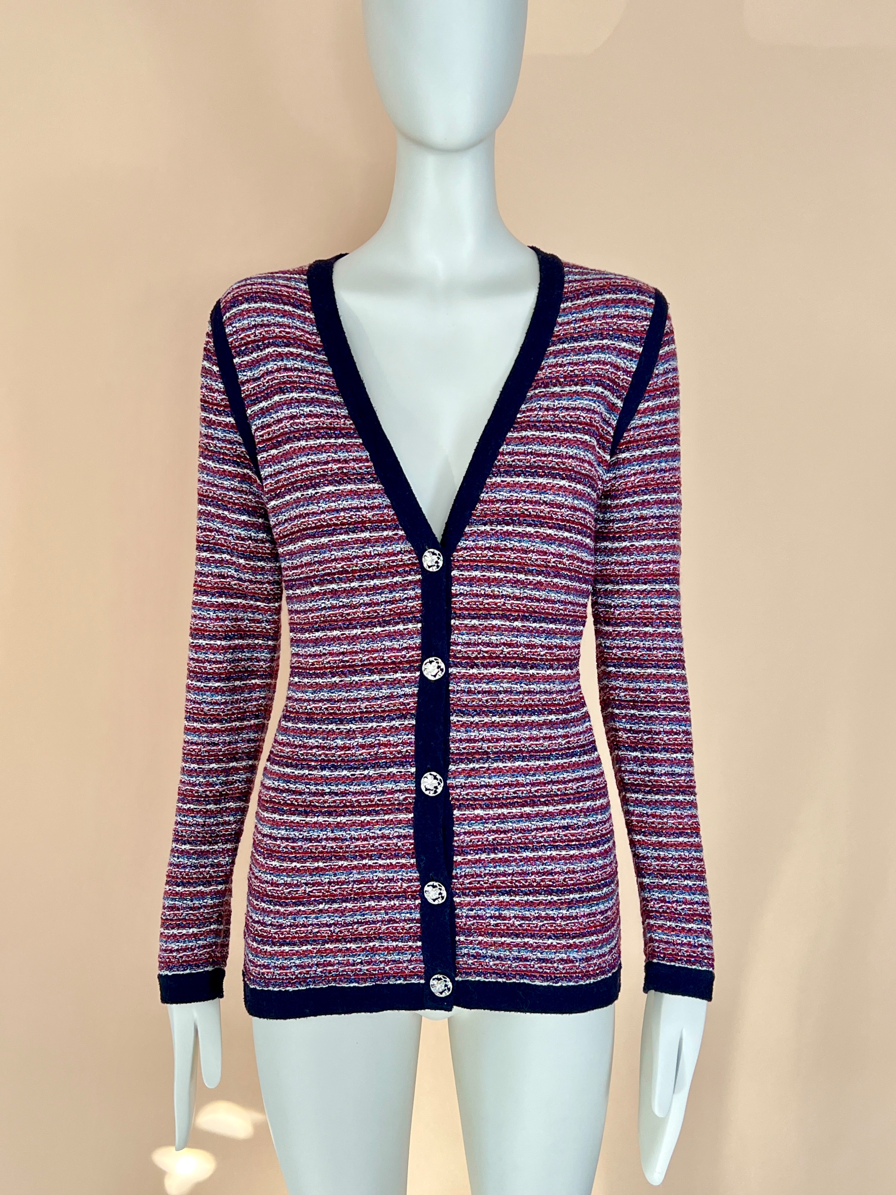 Chanel Multicoloured Woven Tweed Cardigan Size S crimson, navy knitwear