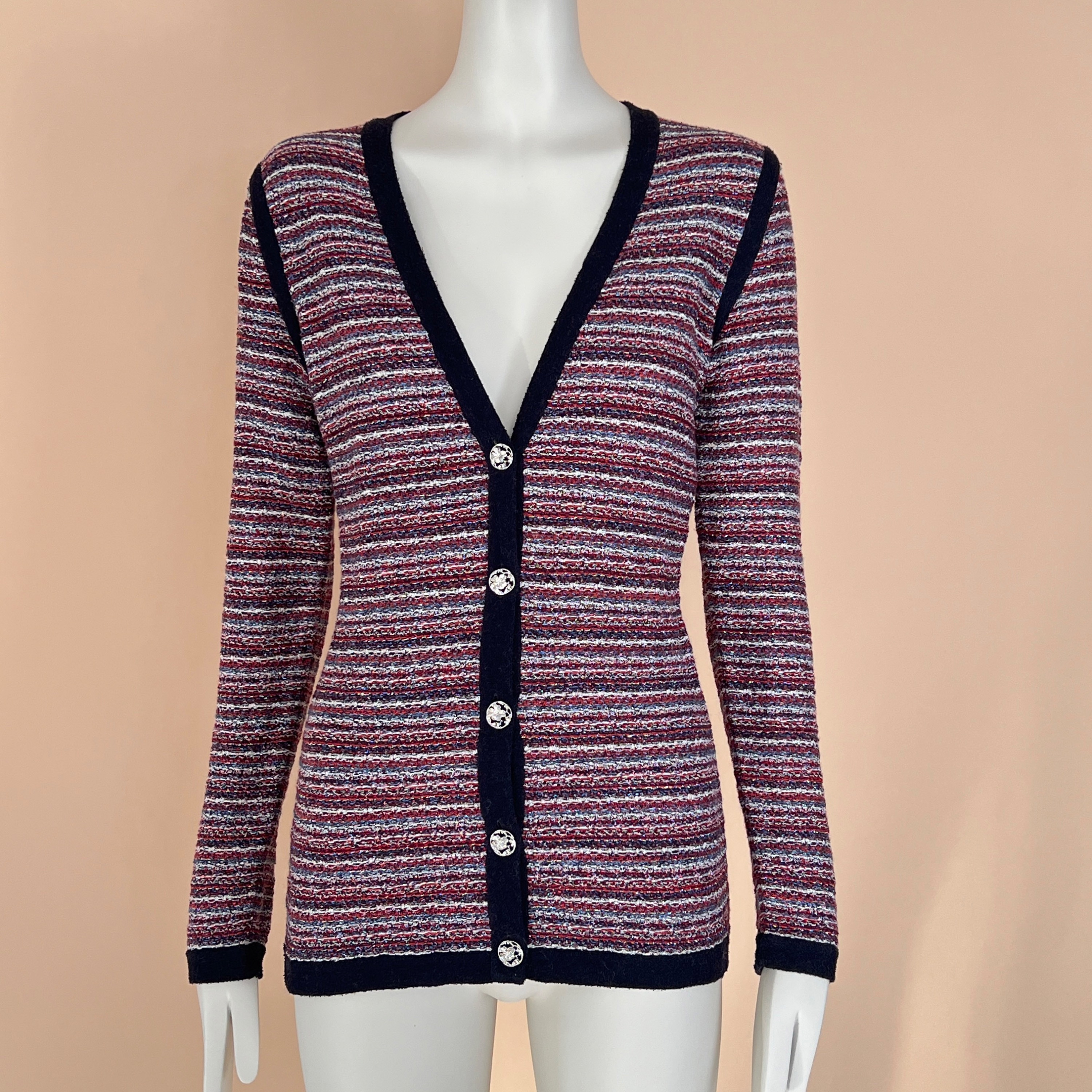 Chanel Multicoloured Woven Tweed Cardigan Size S crimson, navy knitwear