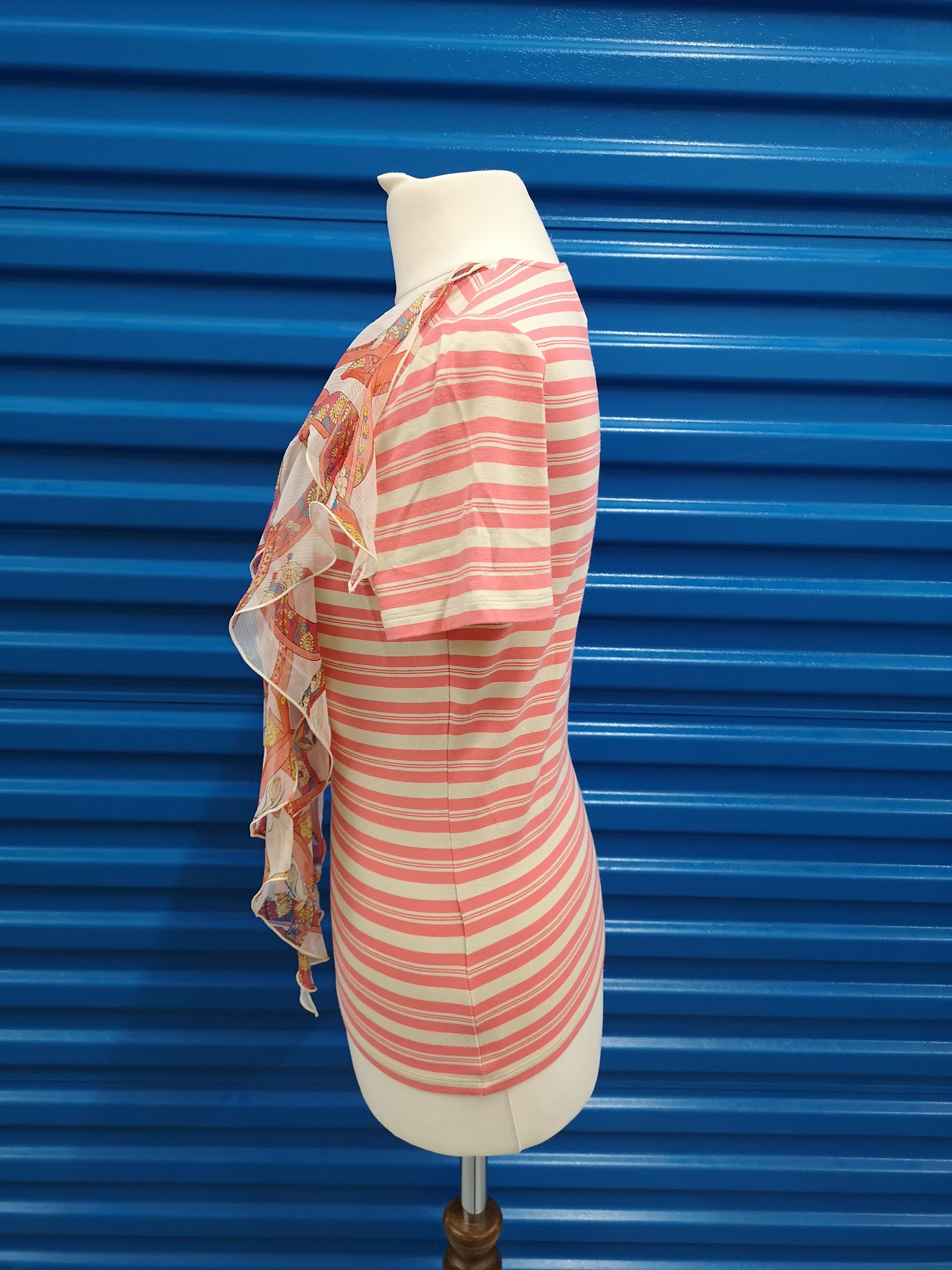 Preowned Ferragamo Striped Silk Scarf Detail T-Shirt Size XS Pink