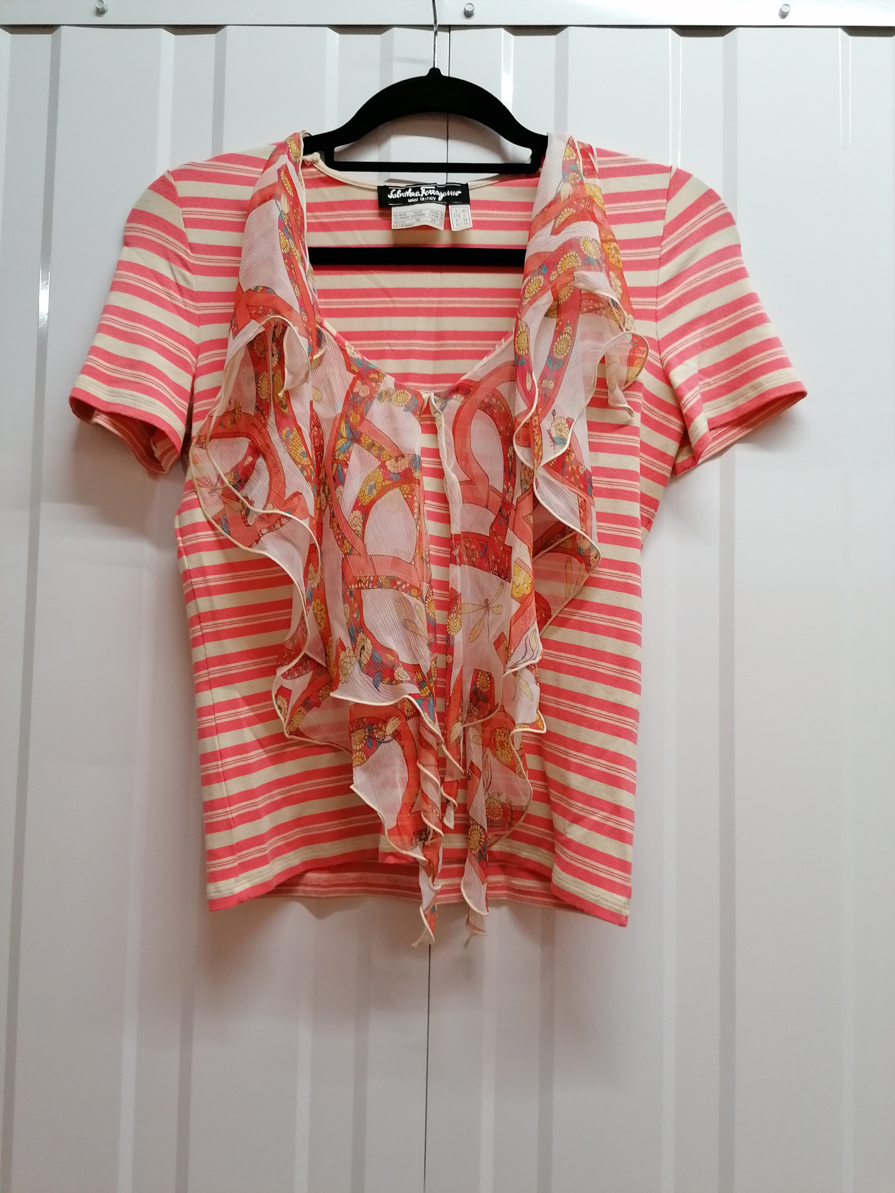 Preowned Ferragamo Striped Silk Scarf Detail T-Shirt Size XS Pink