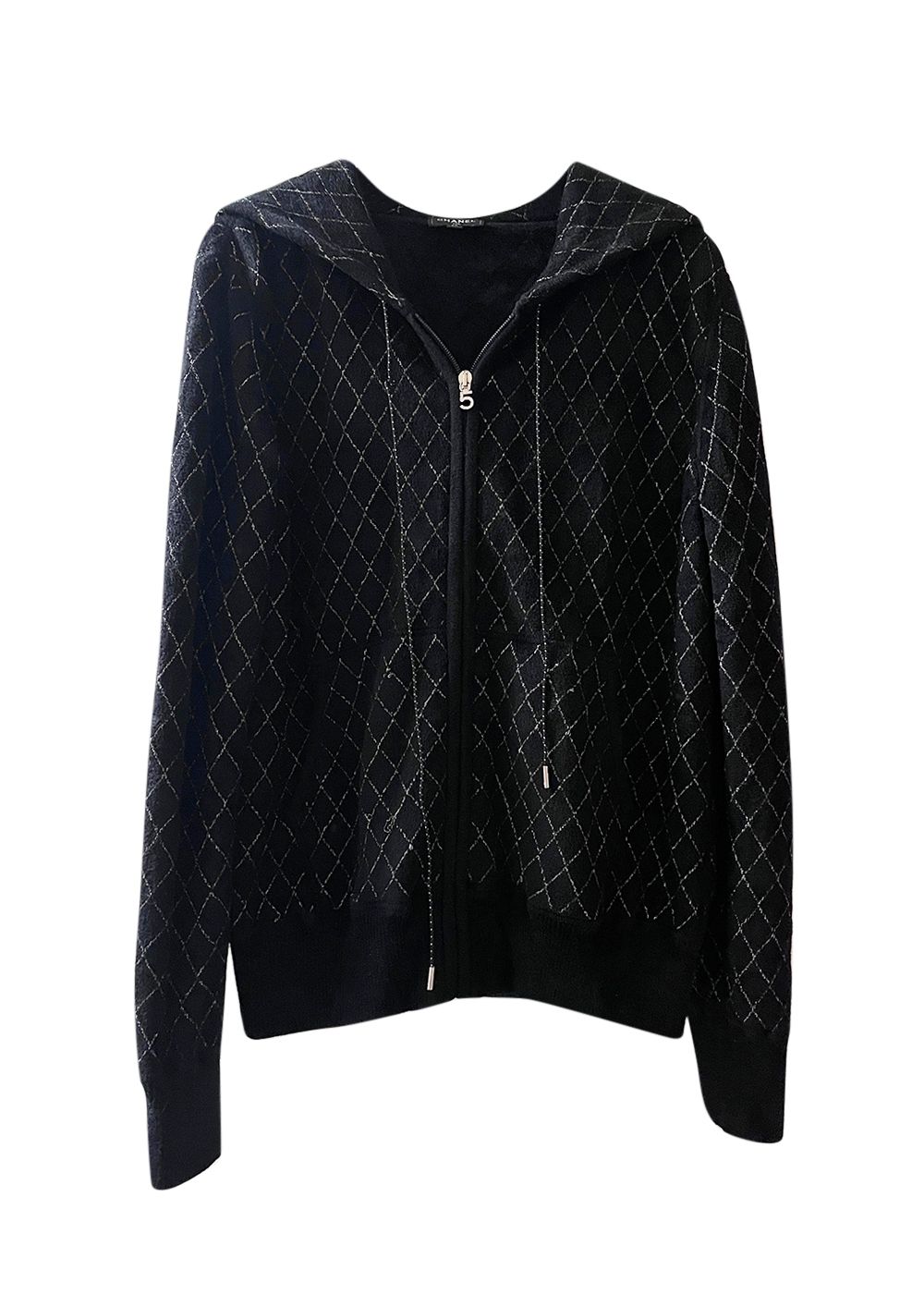 Preowned Chanel Black Contrast Quilting Hoodie Size S Black gold feels like soft terry cloth/viscose poly