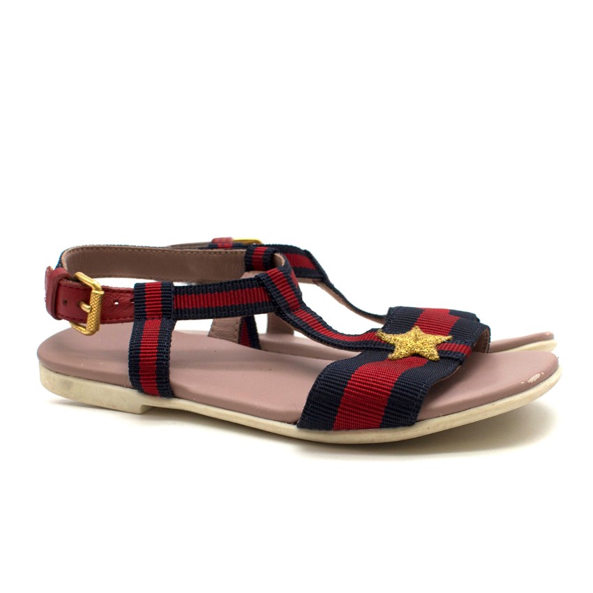 Boys Preowned Gucci Girls' Red  Navy Striped Sandals Size 4 Years Multi-Coloured / Stripes