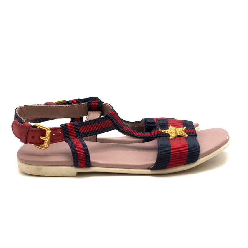 Boys Preowned Gucci Girls' Red  Navy Striped Sandals Size 4 Years Multi-Coloured / Stripes