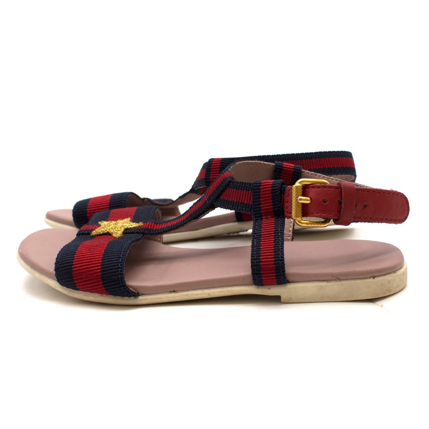 Boys Preowned Gucci Girls' Red  Navy Striped Sandals Size 4 Years Multi-Coloured / Stripes