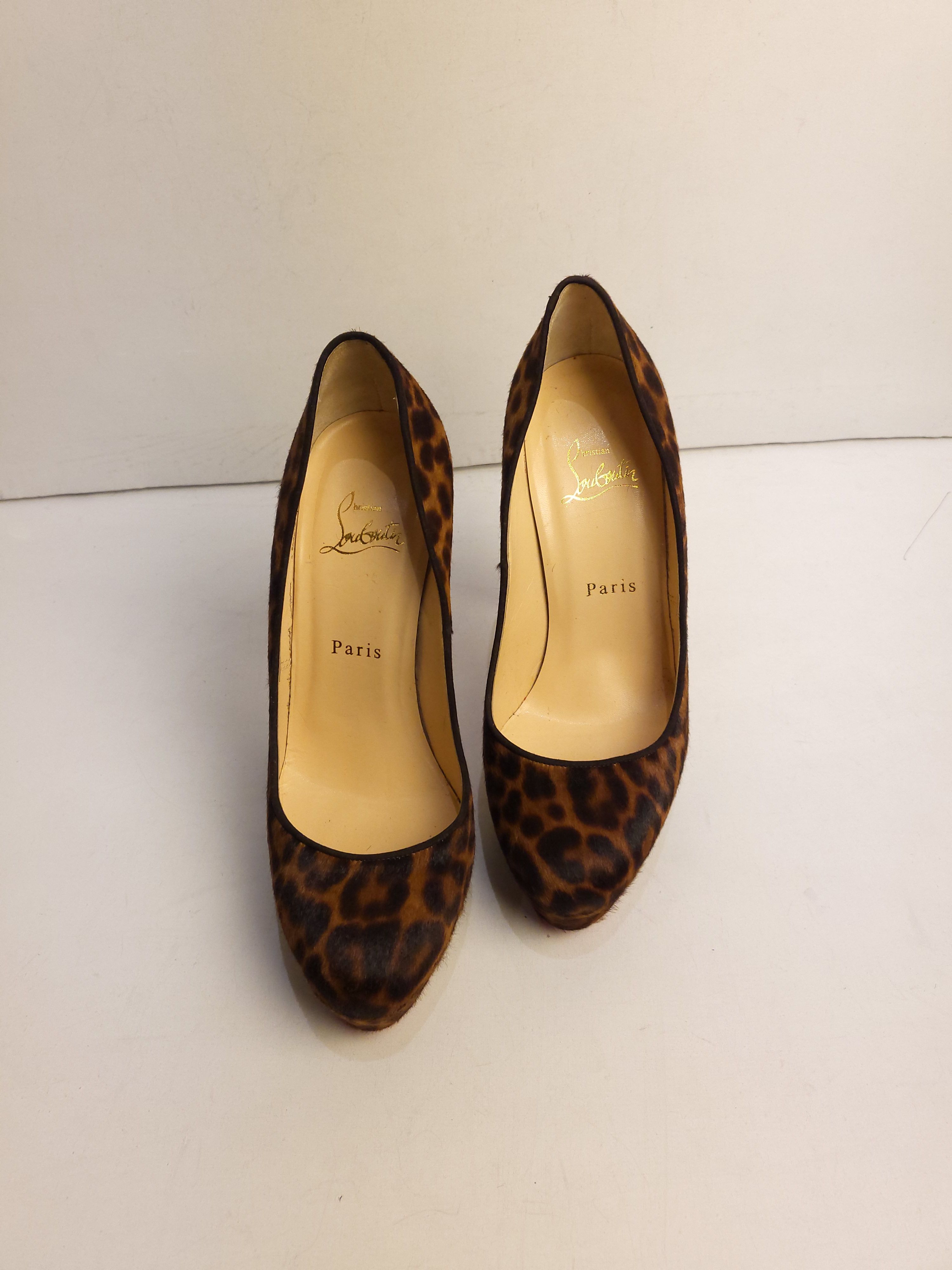 Preowned Christian Louboutin leopard print pony hair heeled pumps Size 38 Brown eel